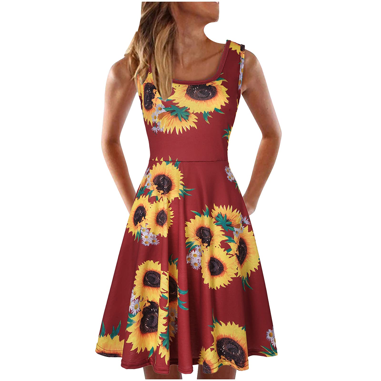 Women's Floral Print Summer Beach Dress - Sleeveless Casual Swing Sundress for Vacation, Travel & Outdoor Activities