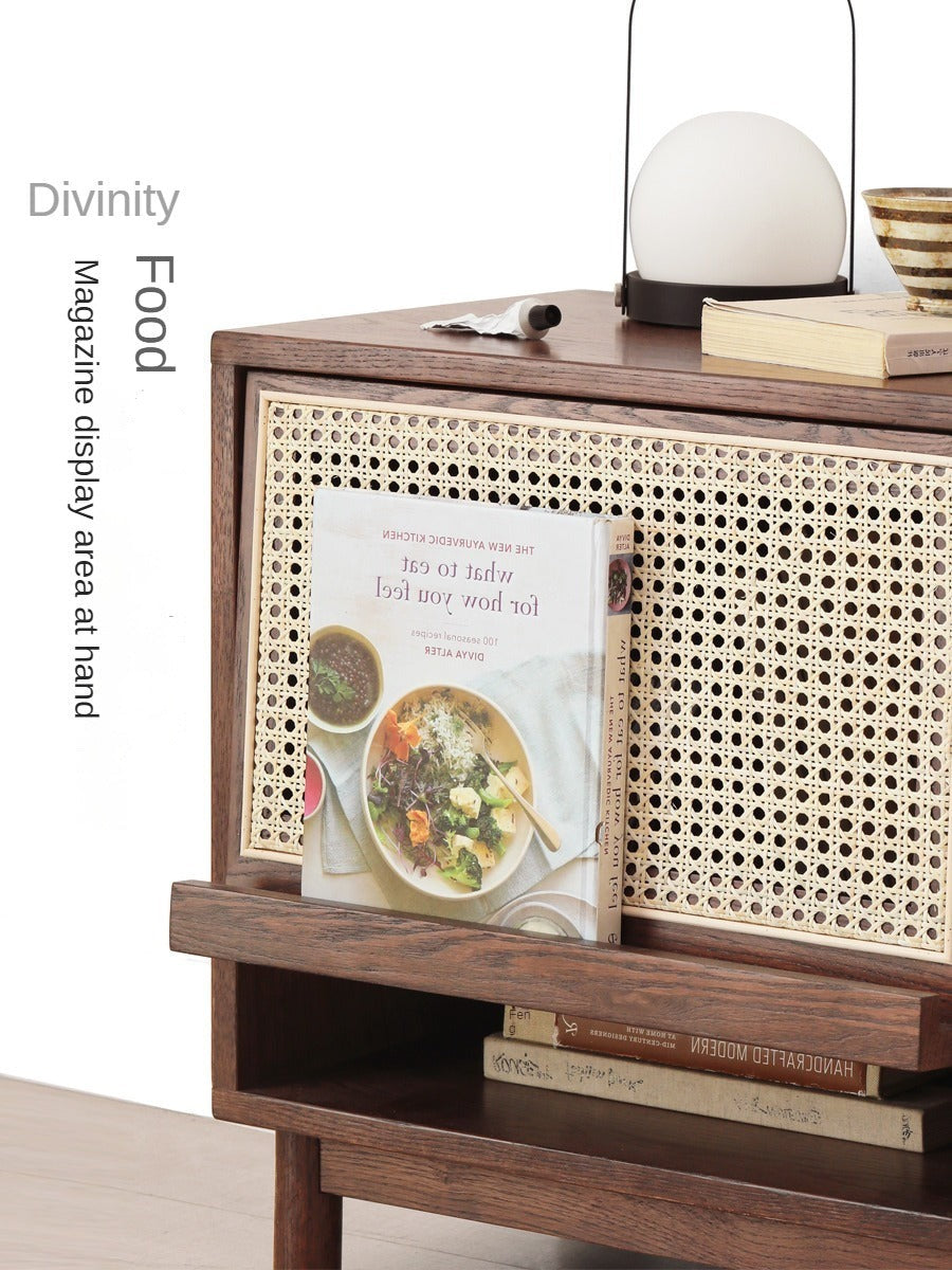 Solid Oak Wood Rattan Magazine Storage Cabinet - Stylish Organizer for Living Room, Bedroom, or Office Décor