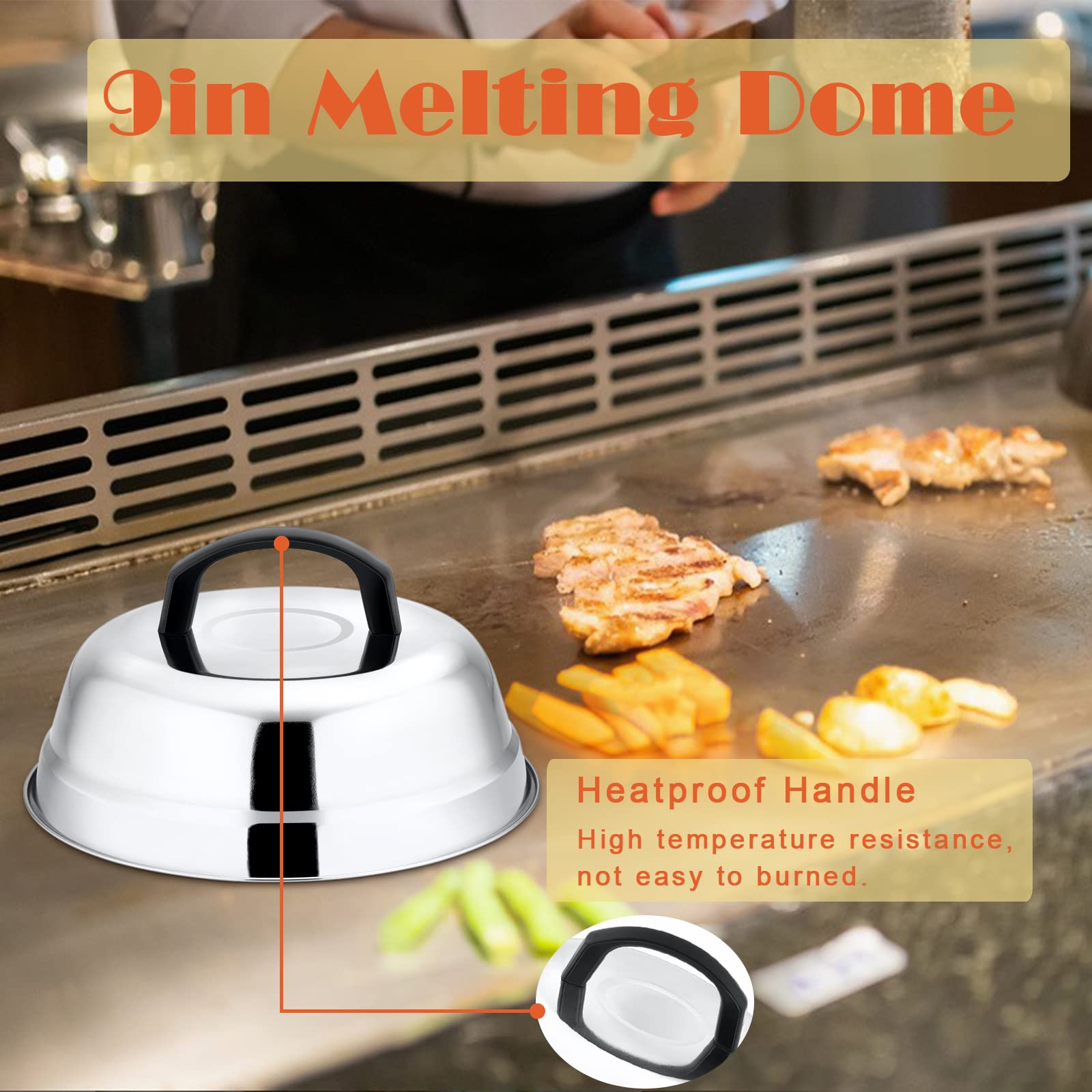 9-Inch Stainless Steel Cheese Melting Dome with Plastic Handle - HaSteeL Round Basting Cover & Steam Lid for Kitchen Griddle - Durable, Lightweight & Easy Clean - Perfect for Indoor/Outdoor Flat Top Grills, Burgers, Pancakes & BBQ Cooking