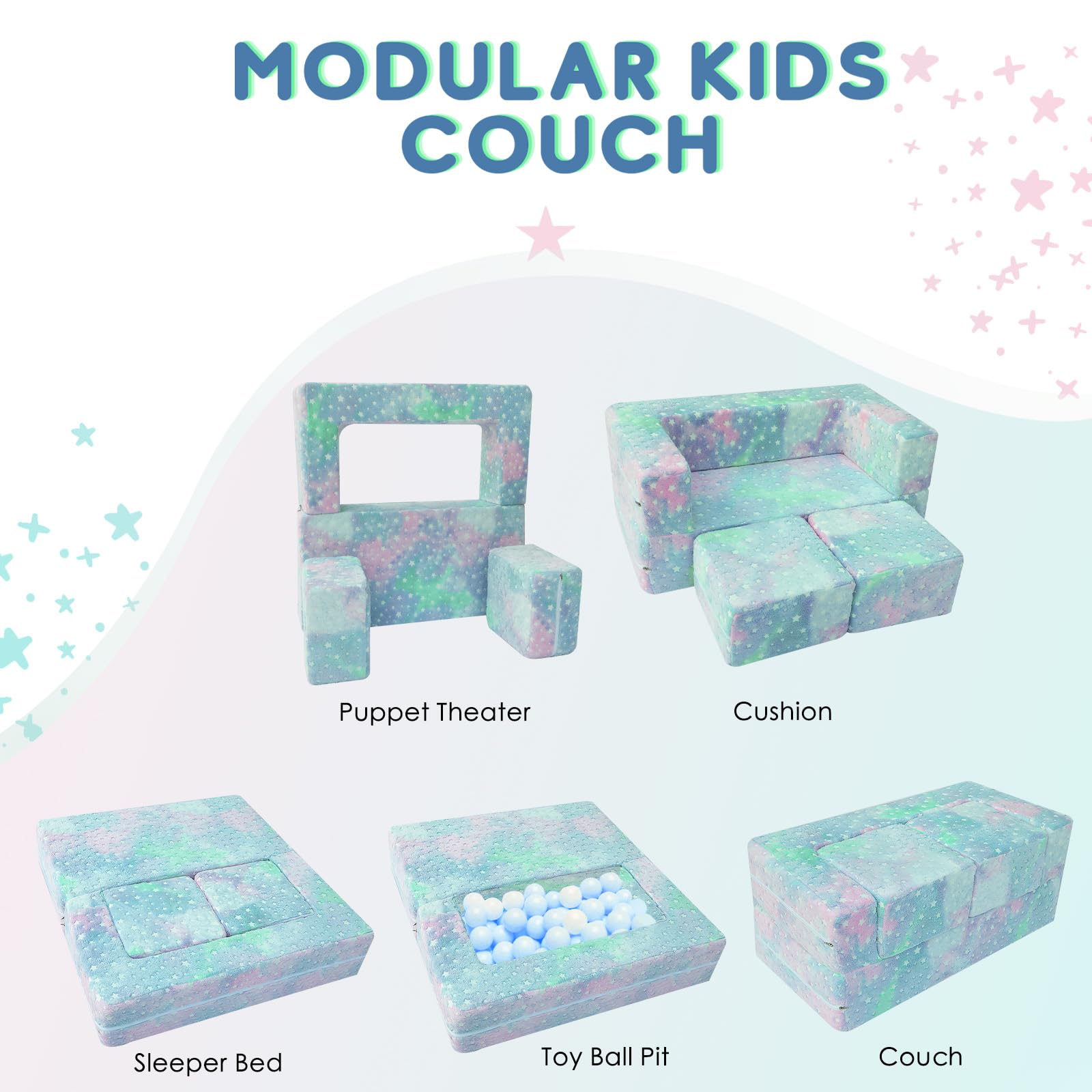 MeMoreCool Kids Play Couch - Glow in The Dark Stars Toddler Sofa | Foldable Modular Furniture for Playroom & Bedroom | Perfect for Playtime, Nap Time & Sensory Play