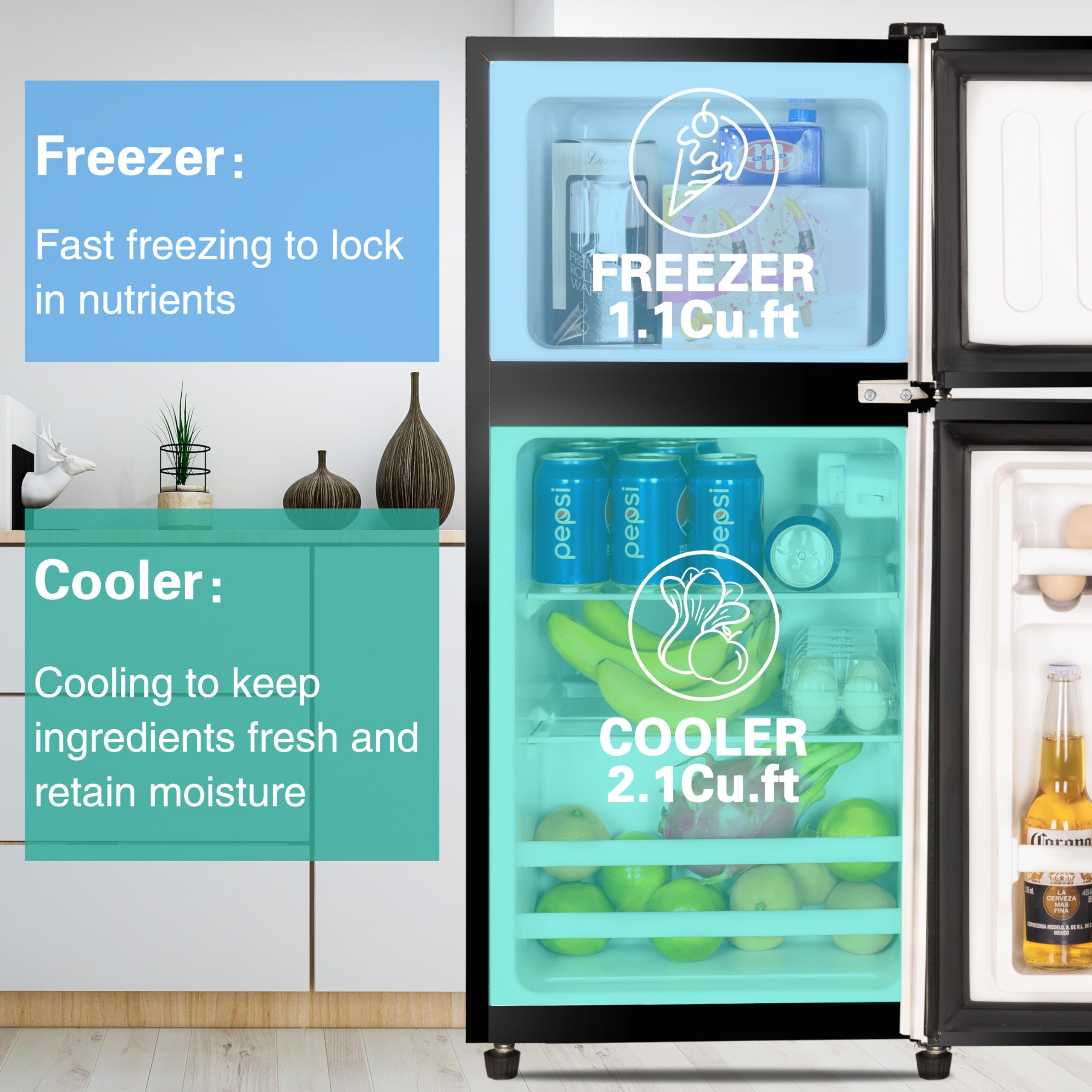3.2 Cu Ft Energy Efficient Refrigerator with Freezer - 2 Door Compact Fridge for Apartments, Dorms, Kitchens, Offices & Bedrooms - Ultra Quiet Cooling for Small Spaces