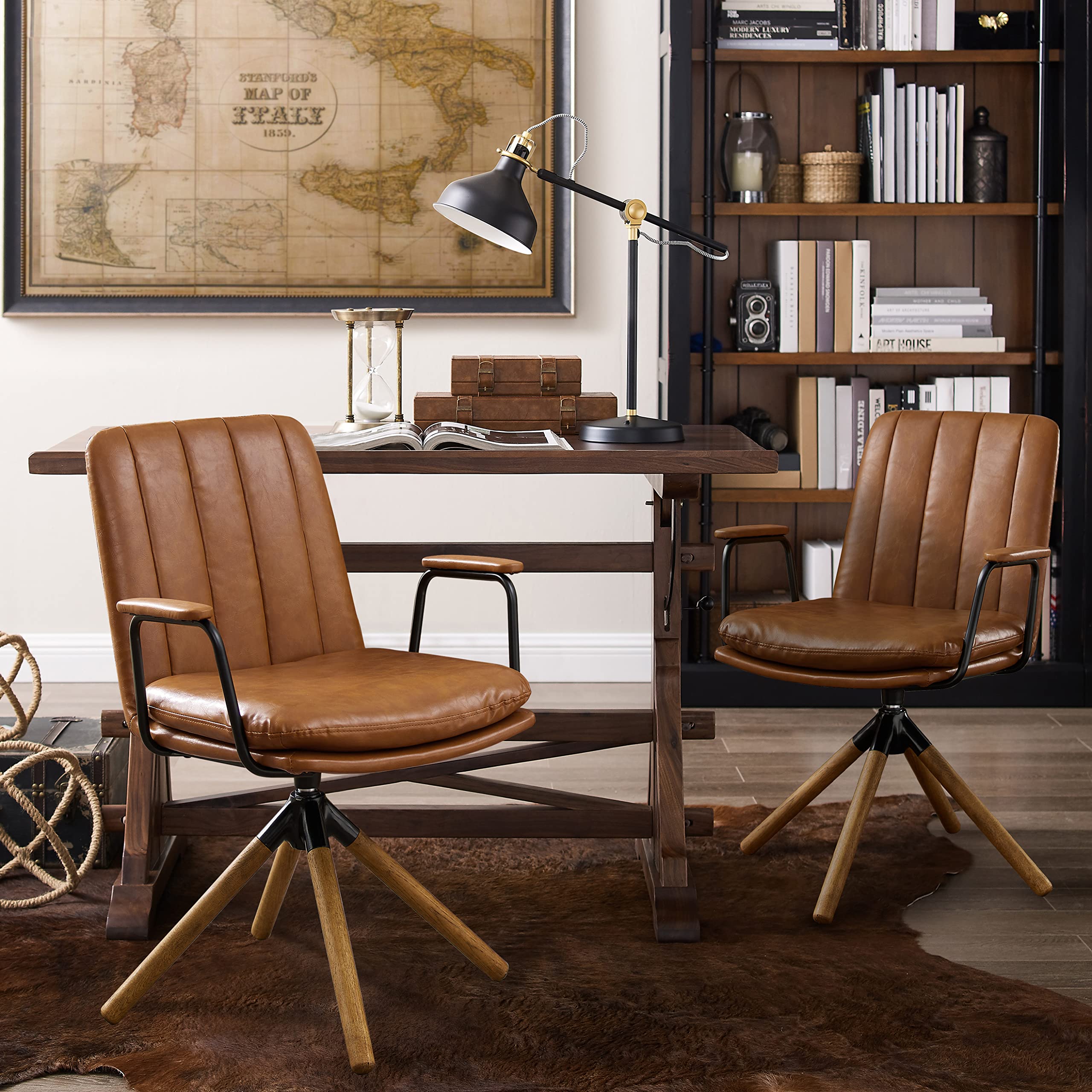 Art Leon Mid Century Modern Swivel Desk Chair Set of 2 - Oak Wood Legs & Faux Leather Upholstery, No Wheels Office Chair for Home, Bedroom or Living Room - Yellow Brown | Perfect for Small Spaces, Reading Nooks & Cozy Workstations