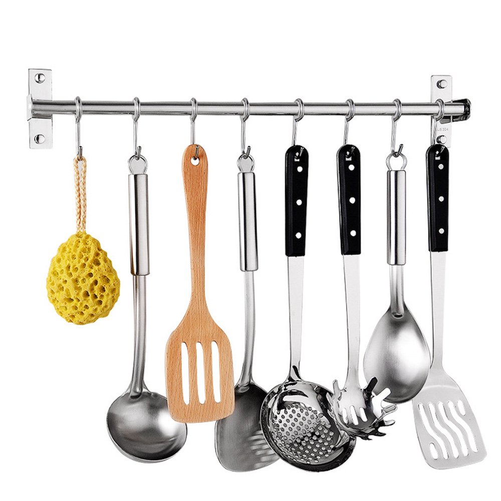 Stainless Steel Wall Mounted Kitchen Utensil Rack - 20 Inch Space Saving Organizer with 8 Removable S Hooks for Hanging Knives, Spoons, Pots & Pans - Perfect for Small Kitchens, RVs, and Dorm Rooms