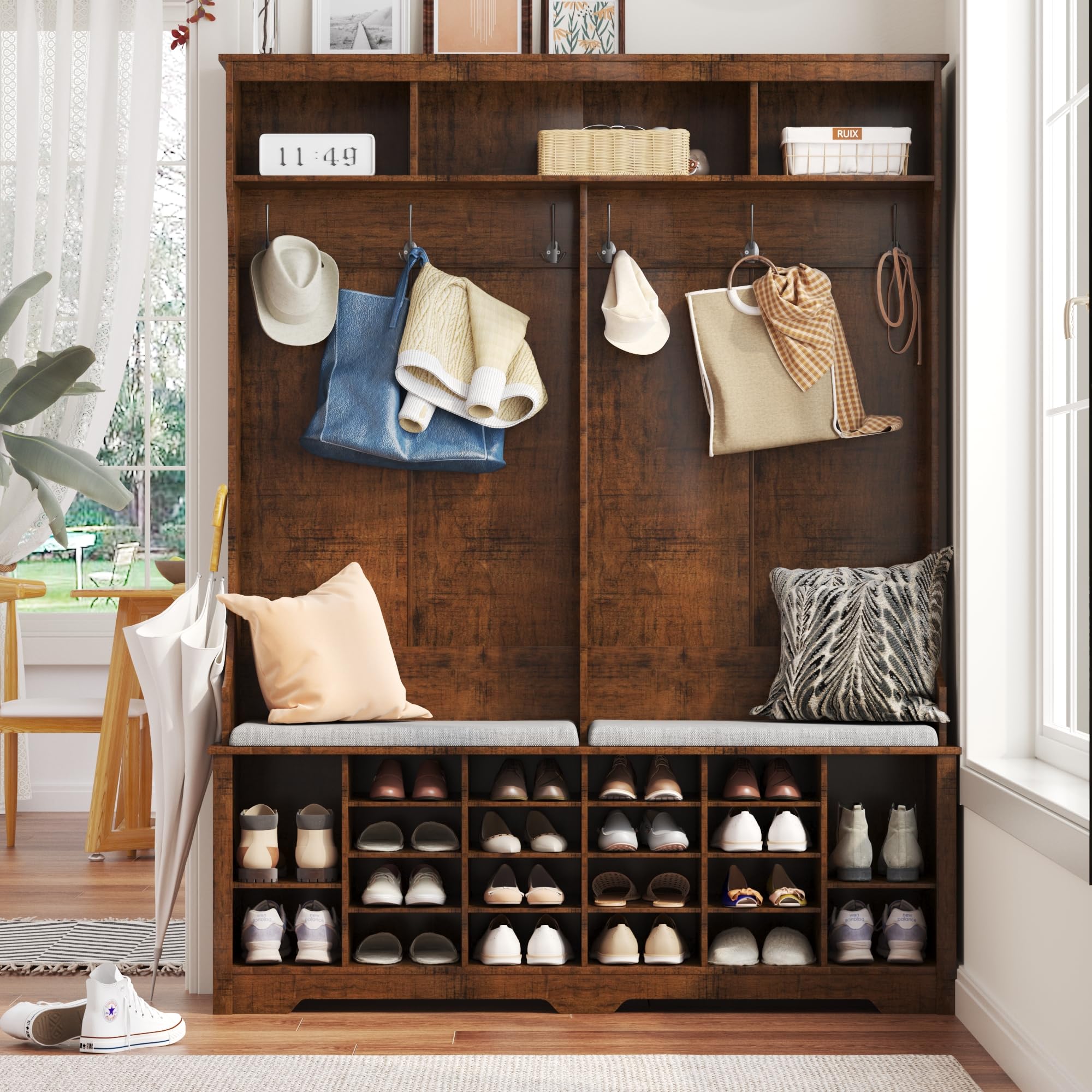 4-in-1 Hall Tree Entryway Bench with Coat Rack & Shoe Organizer - 6 Hanging Hooks & Adjustable Storage Shelves for Hallway, Bedroom, Living Room - Perfect for Small Space Organization & Entryway Decor (Dark Brown)