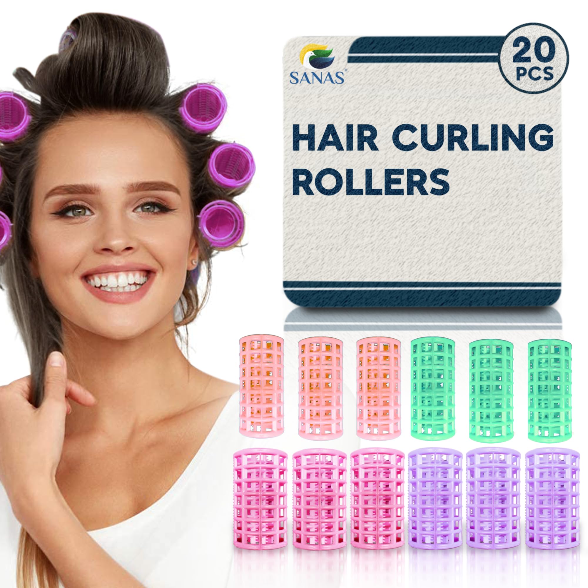 20pcs Sanas Plastic Snap-On Hair Rollers - No Heat Self Grip Curlers for Women & Girls - DIY Hair Styling Tools for Waves & Curls - Perfect for Home, Salon, and Party Hairstyles (Random Colors)