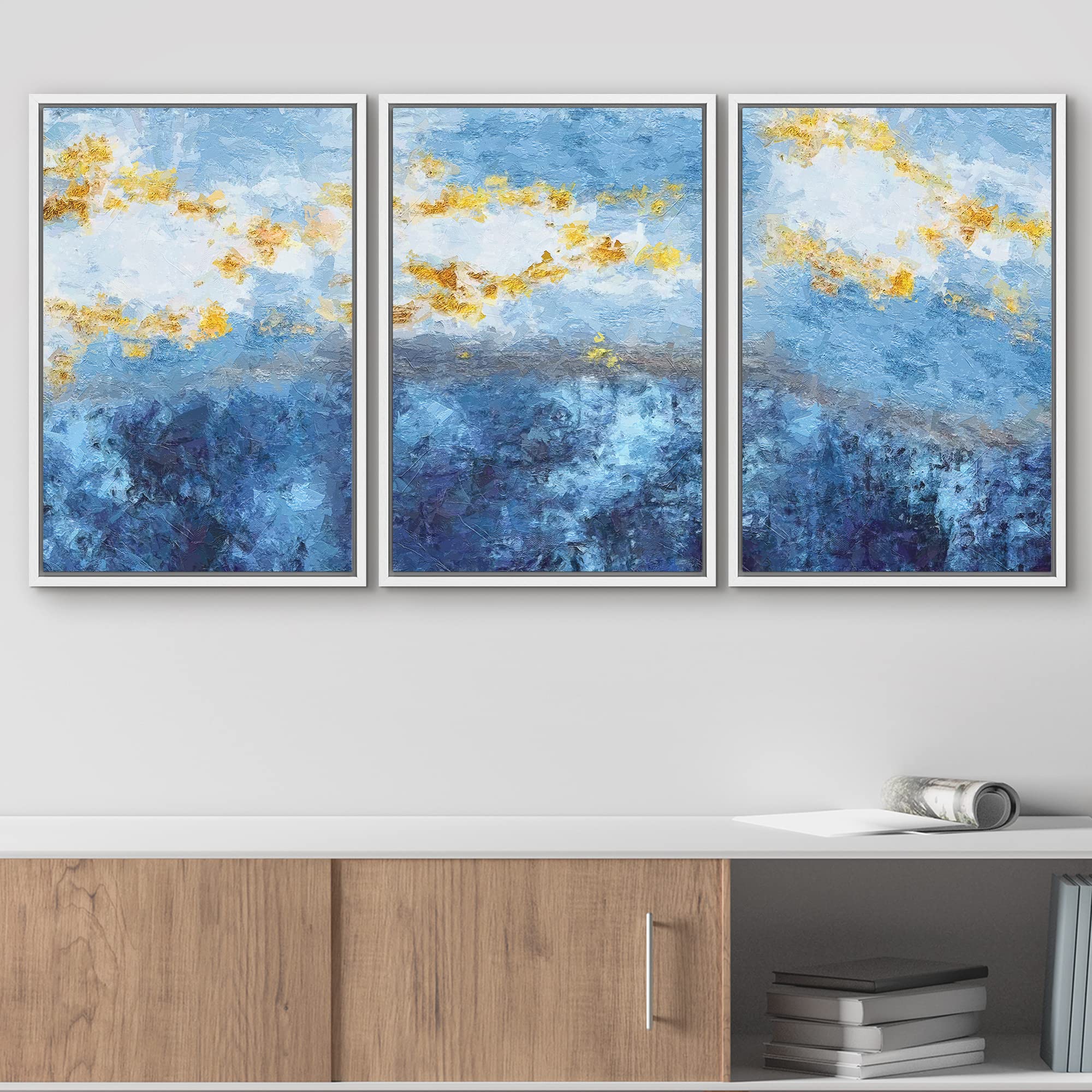 Wall26 Framed Abstract Art Print Set - Gold & Blue Paint Stroke Modern Boho Wall Decor for Living Room, Bedroom, Office - 16x24 Inches White Frame | Perfect for Home Decor, Housewarming Gifts & Interior Design Accents