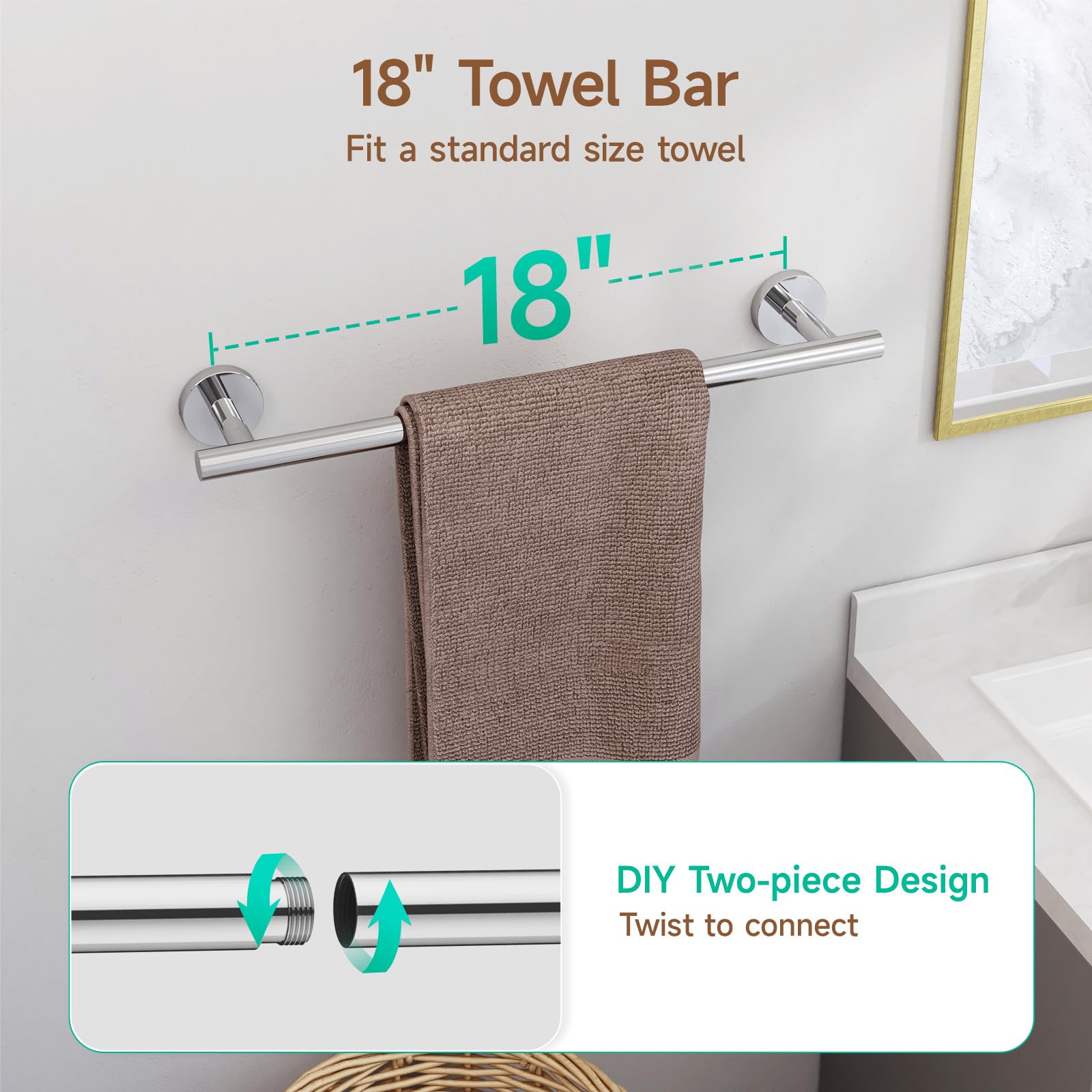 USHOWER Polished Chrome 18-Inch Bathroom Towel Bar Set - 4-Piece SUS304 Stainless Steel Wall Mounted Bathroom Accessories for Modern Homes | Perfect for Showers, Bathtubs & Spa-Style Bathrooms