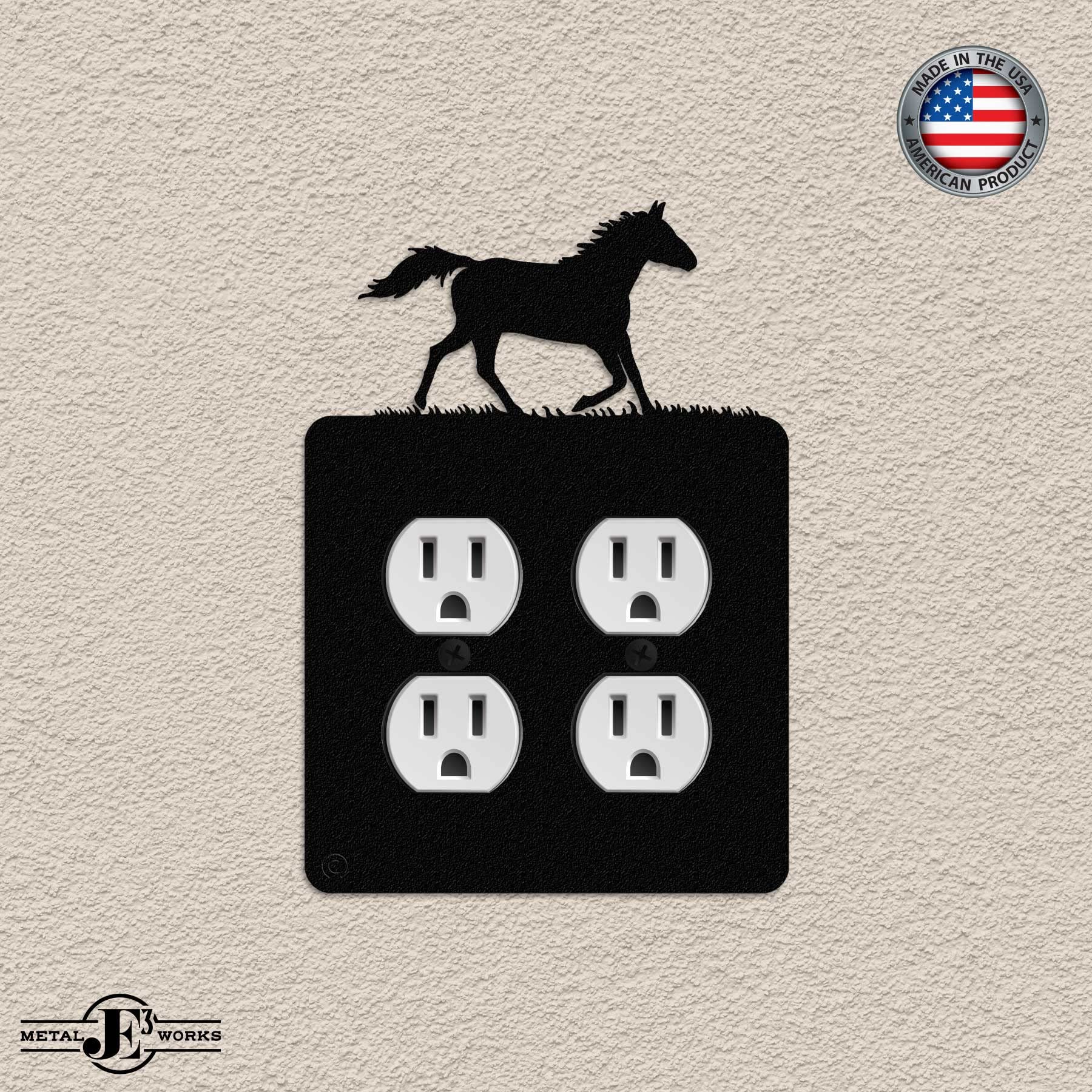 Running Horse Double Duplex Power Outlet Wall Plate - 2 Electrical Outlets, Black - Made in USA - Perfect for Home, Office & Workshop Electrical Upgrades