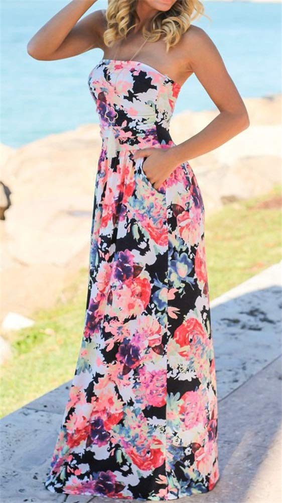 PRIMODA Women's Strapless Tube Top Maxi Dress - Floral Boho Beach Dress with Pockets | Summer Vacation, Pool Party, Wedding Guest Outfit