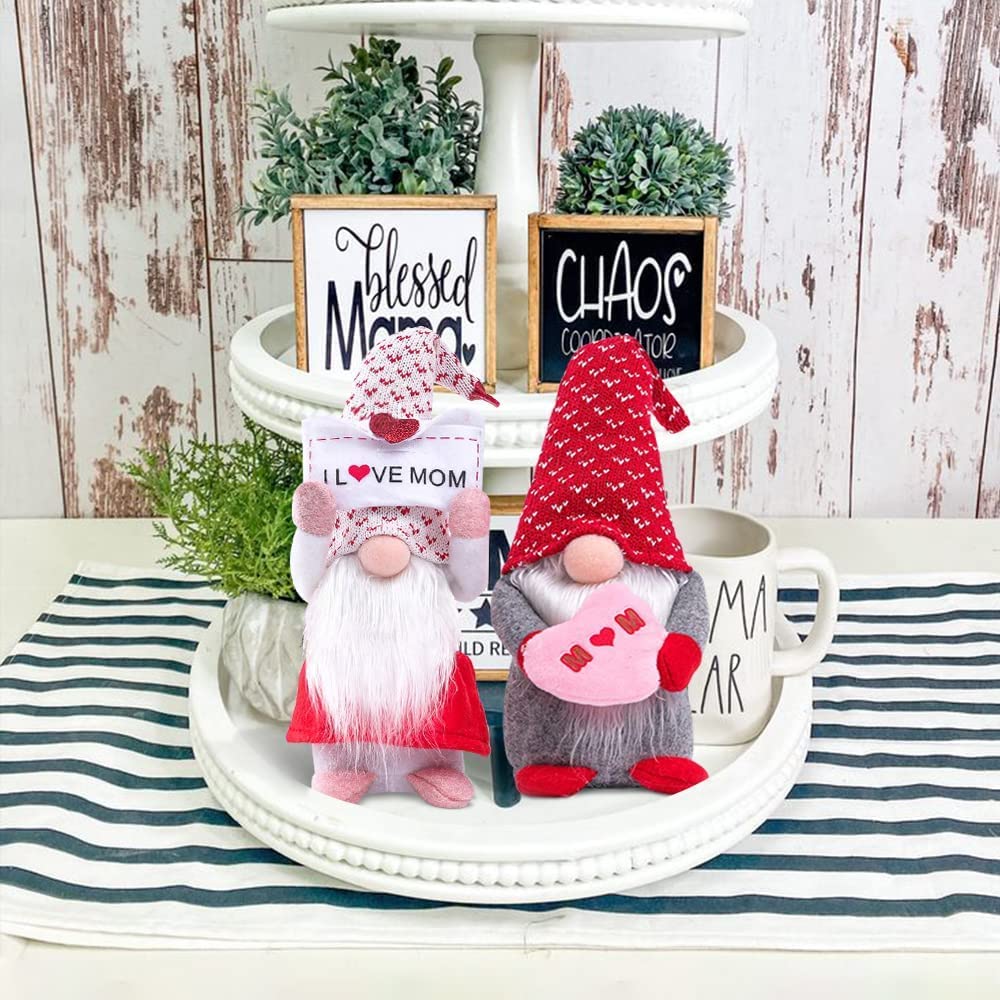 2 Pcs Handmade Mother's Day Gnome Decorations - I Love Mom Gift, Swedish Tomte Stuffed Plush Standing Dwarf Doll for Home, Kitchen, Tiered Tray, Table | Perfect for Mother's Day Gifts, Birthday Presents, and Christmas Decorations