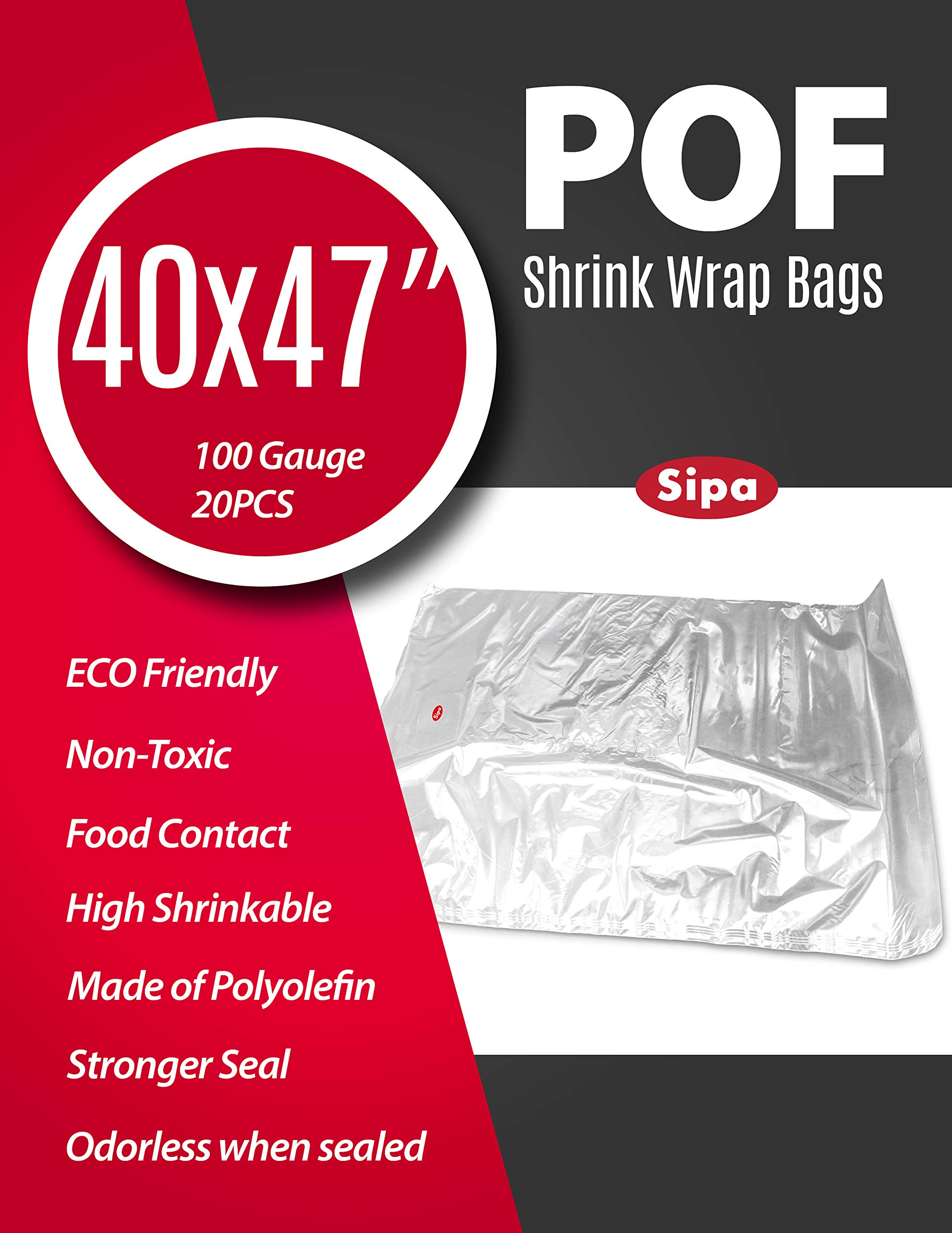 40x47 Inch 20 PCS 100 Gauge POF Non-Venting Shrink Wrap Bags - Odorless, Heavy Duty for Stationery, Photo Frames, Soap Packaging, Oil Bottles, DIY Crafts, Homemade Products, Gift Wrapping & Retail Display