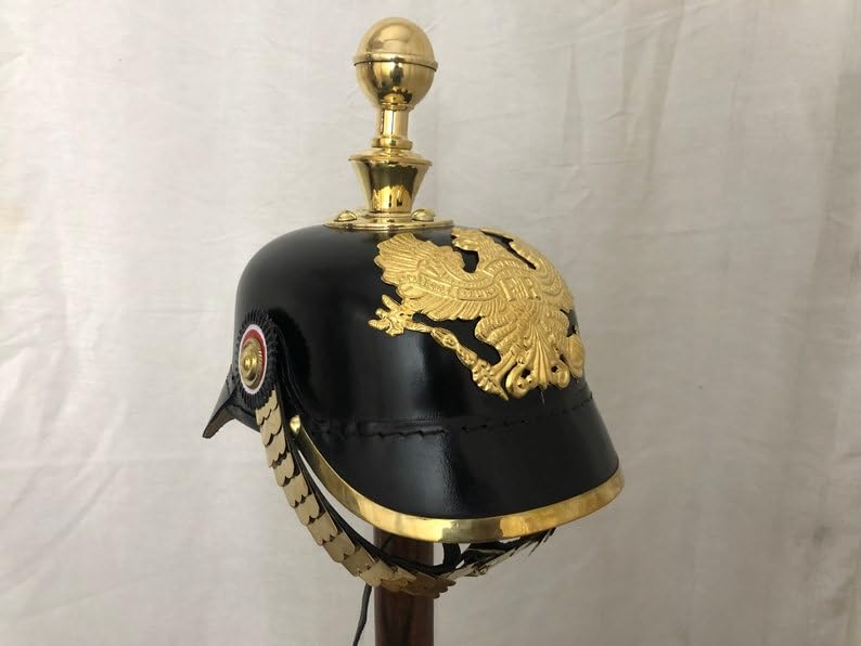 Authentic Black German Pickelhaube Helmet with Brass Badge - Prussian Military Helmet for LARP, Reenactment & Cosplay | Perfect Historical Costume Accessory & Unique Gift for Men | Great for Theater Performances, Halloween & WWI Events