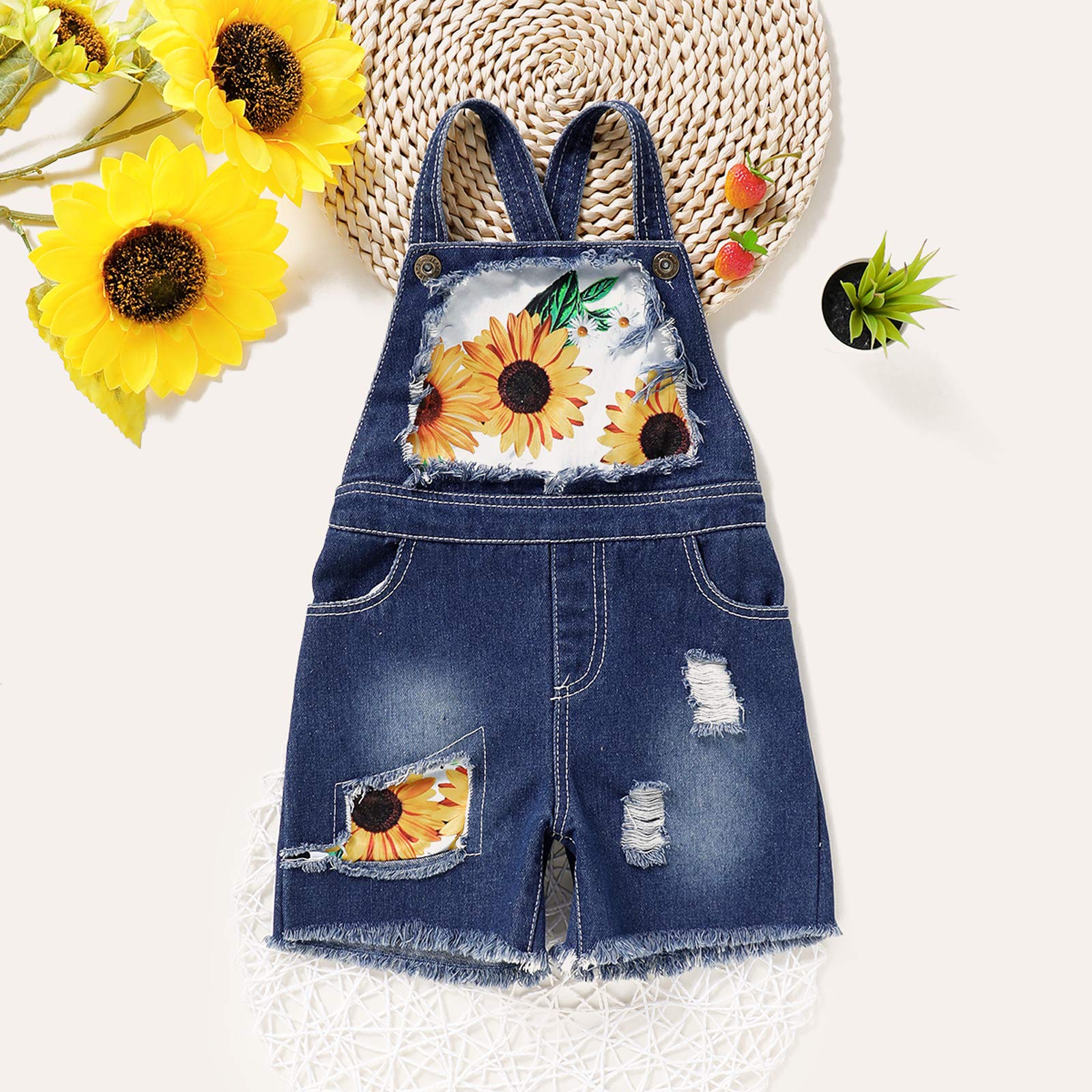 Girls' Sunflower Print Denim Overalls Rompers with Suspenders & Pockets - Toddler One-Piece Outfit for Playdates & Summer Adventures