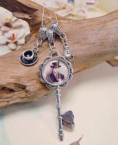 Mad Hatter Charm Necklace - Alice in Wonderland Inspired Gothic Victorian Key Pendant Jewelry for Women - Perfect for Cosplay, Tea Parties & Fantasy Lovers
