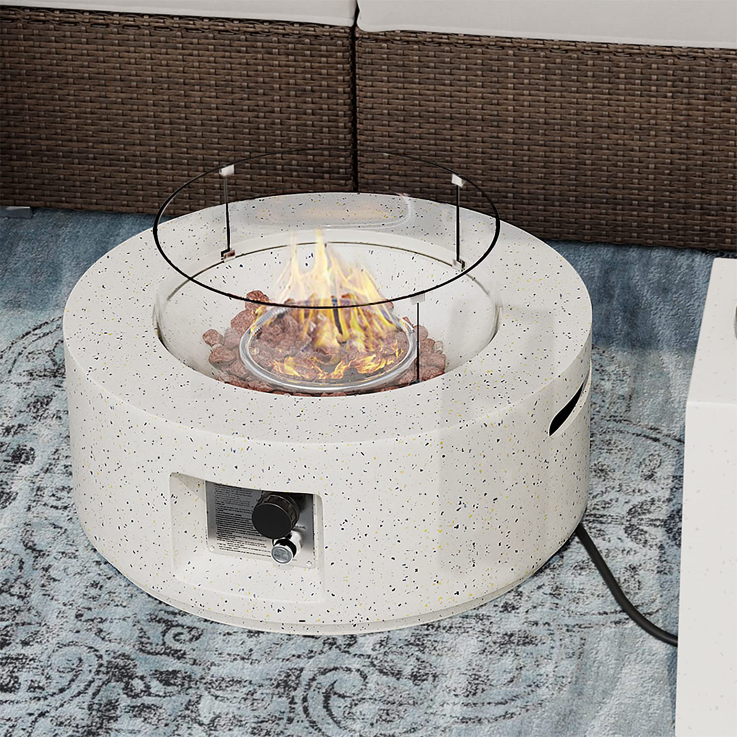 **SUNBURY 28-Inch Round Outdoor Propane Fire Pit Table with Glass Wind Guard - 40,000 BTU Spotted White Patio Gas Fire Table, Includes Waterproof Cover & Lava Rocks - Perfect for Backyard, Deck, or Garden Gatherings**