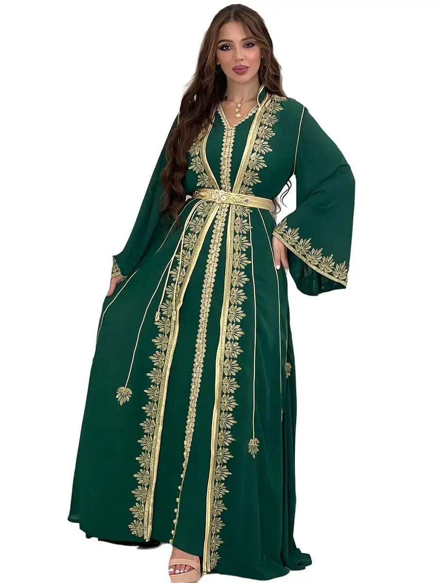Elegant Eid Dress for Women - Embroidered Applique Caftan Kaftan Maxi Dress for Muslim Holiday & Special Occasions | Perfect for Eid Prayer, Family Gatherings & Festive Celebrations