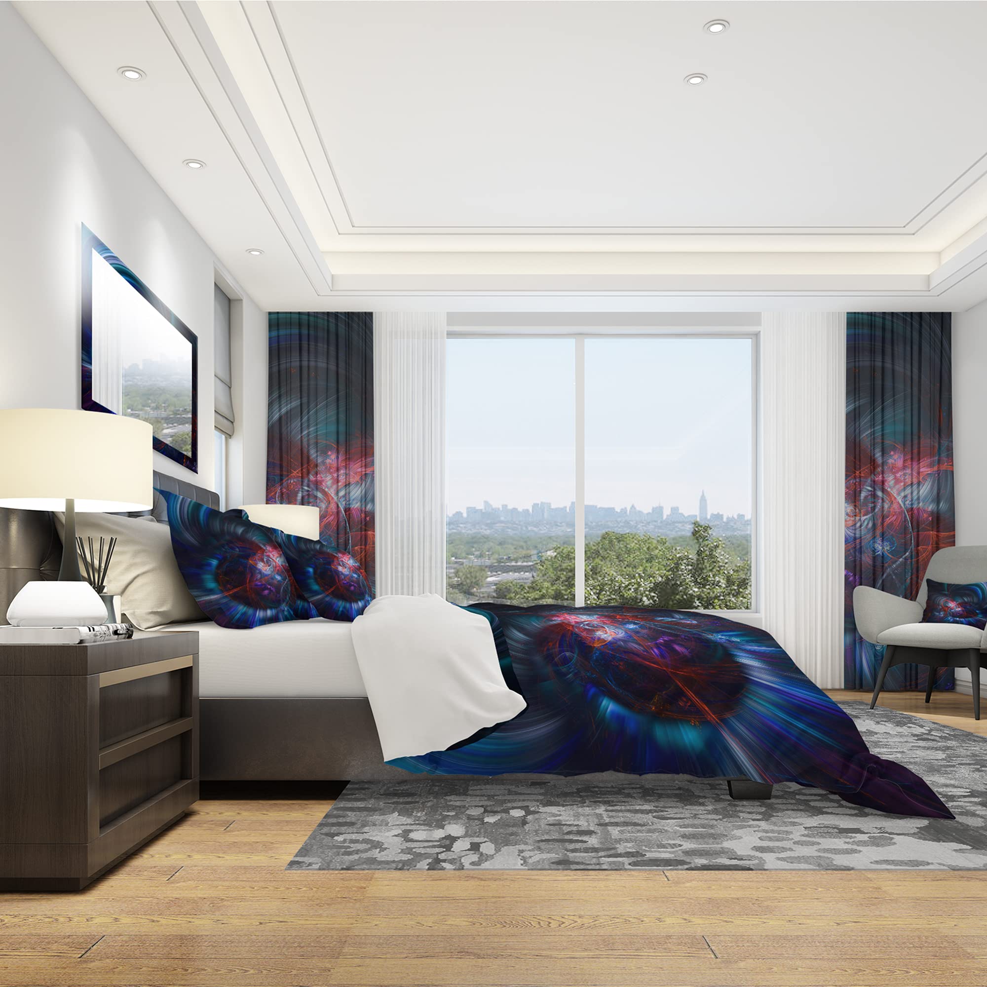 Modern Abstract Blue Fractal Flower Duvet Cover Set - Twin Size 3-Piece Bedding, Light & Dark Blue Contemporary Design for All Seasons | Perfect for Guest Rooms, Dorms & Cozy Bedrooms