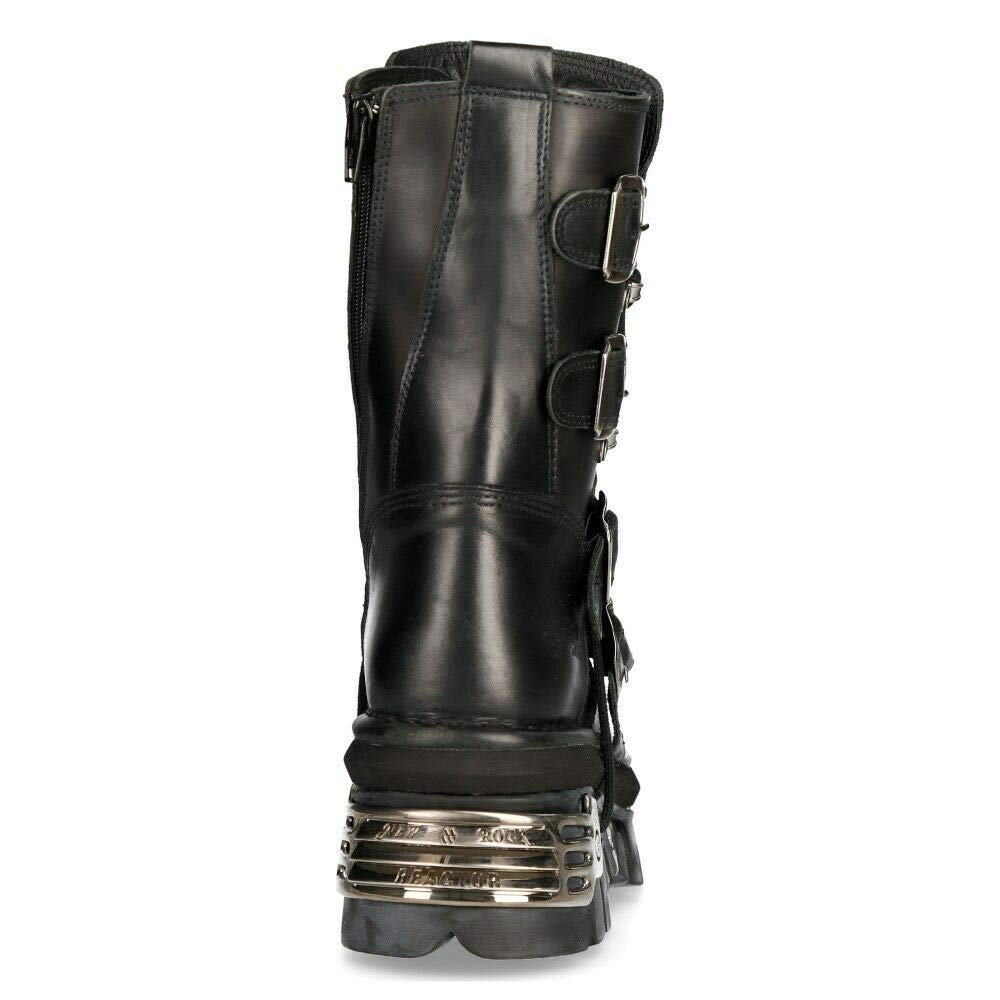 New Rock Unisex M.373-S4 Metallic Black 100% Leather Goth Biker Emo Fashion Reactor Boots - Perfect for Alternative Fashion, Motorcycle Riding & Nightlife