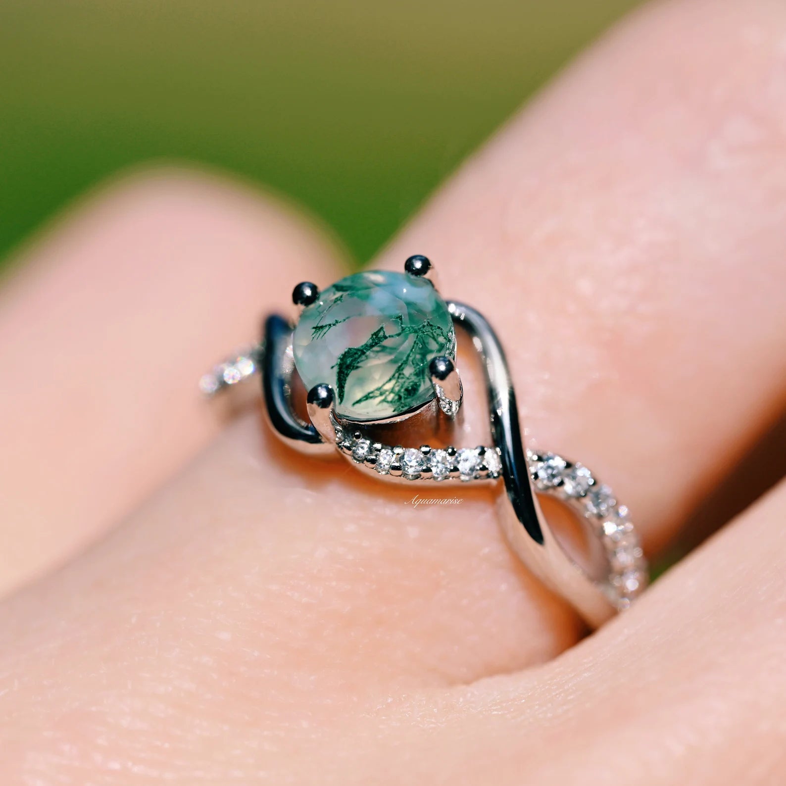 Entwined Green Moss Agate Ring - Sterling Silver 925, Handmade Boho Jewelry for Women, Nature-Inspired Wedding Band, Unique Gift for Her, Perfect for Everyday Wear & Special Occasions