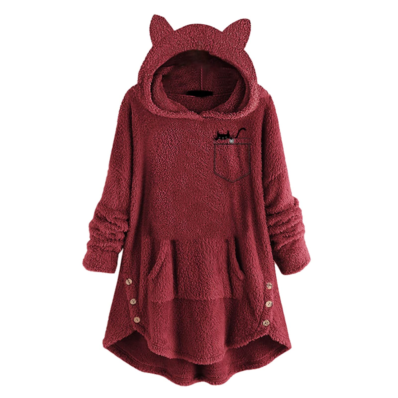 Women's Fleece Hoodie with Cat Ear Design - Stylish Zip Up Sweater with Pockets & Cute Print - Cozy Long Sleeve Pullover for Casual Wear, Street Fashion & Winter Outfits