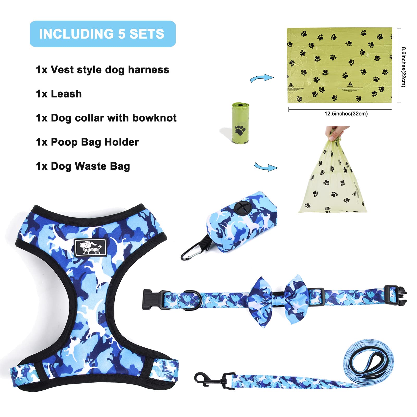 **Adjustable Reflective No-Pull Dog Harness & Leash Set with Bow Collar & Poop Bag - Medium Blue Camouflage - Perfect for Puppies & Medium Dogs - Ideal for Walking, Training & Outdoor Adventures**