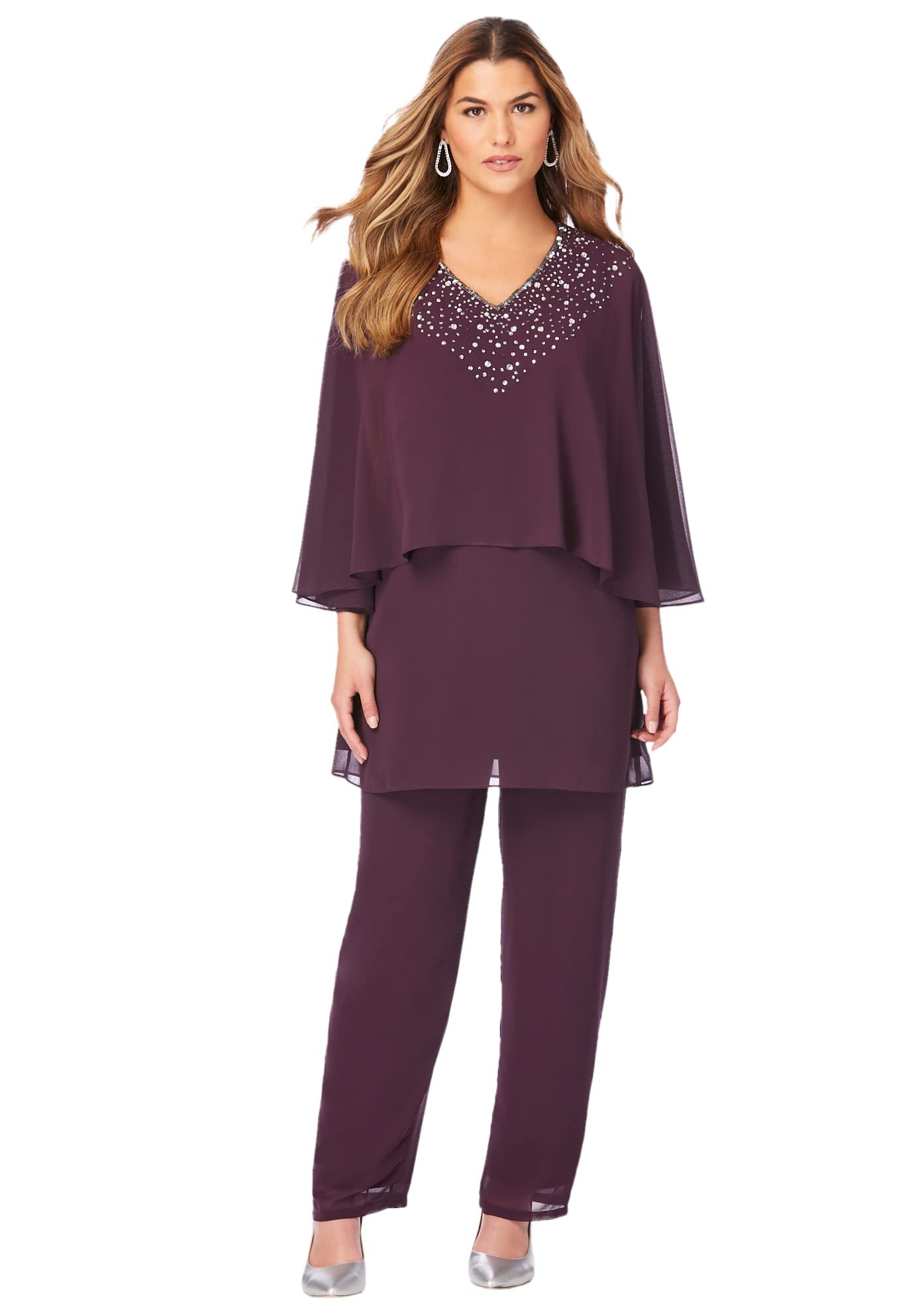 Romantic Women's Plus Size Embellished Capelet Pant Set - Elegant Dressy Outfit for Special Occasions & Evening Events