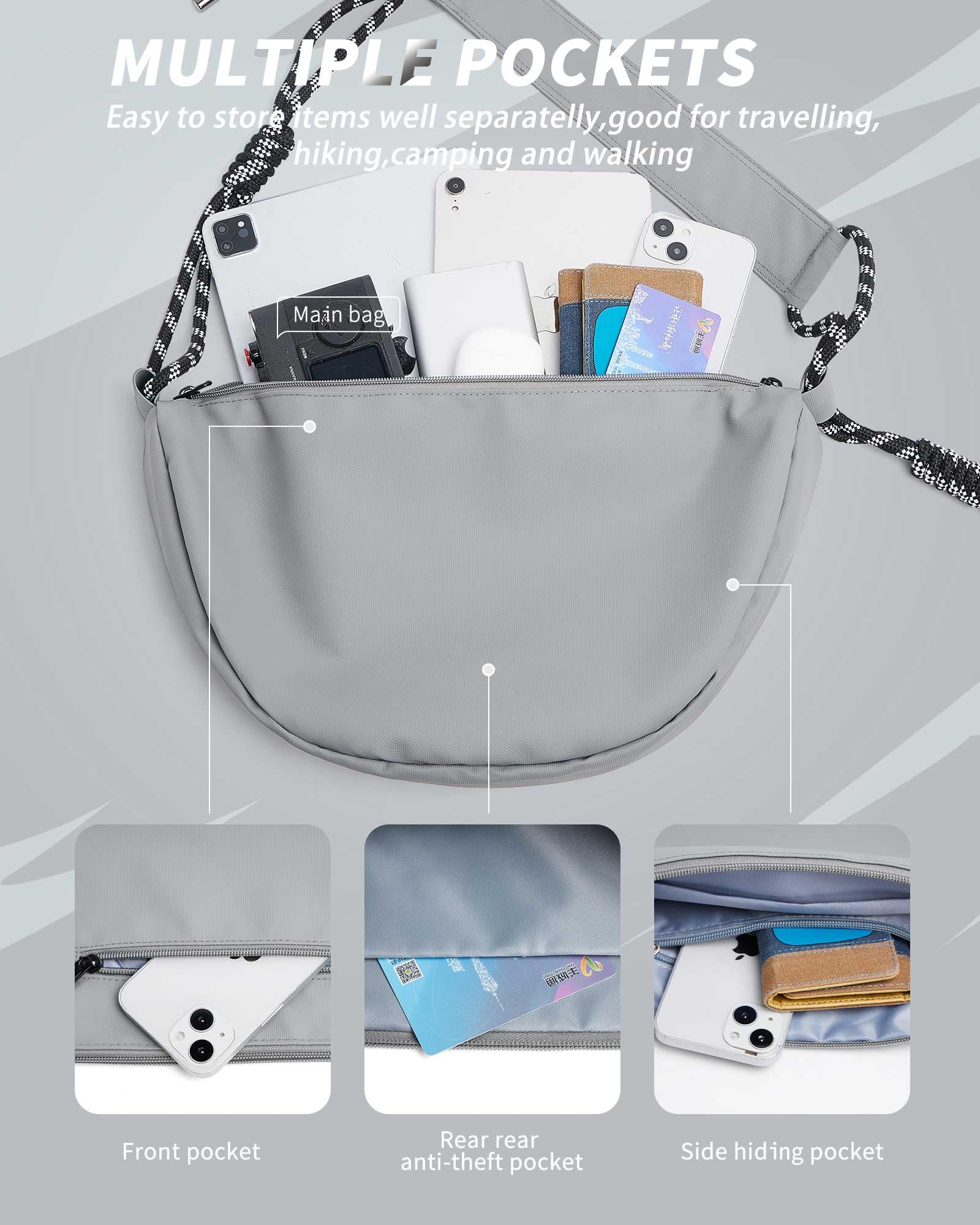 SEAFEW Grey Hobo Bag for Women & Men - Crossbody Purse, Sling Backpack, Shoulder Bag, Small Nylon Fanny Pack - Soft & Casual Trendy Handbag for Daily Use, Travel & Shopping