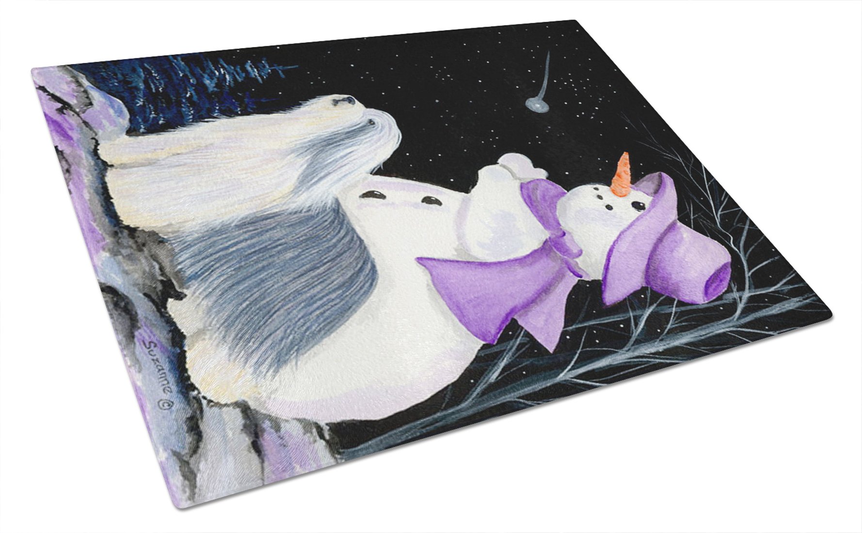 Snowman with Bearded Collie Tempered Glass Cutting Board - Large Decorative Kitchen Chopping & Serving Board for Holiday Entertaining | Durable Glass Cutting Surface for Cheese, Charcuterie & Food Presentation