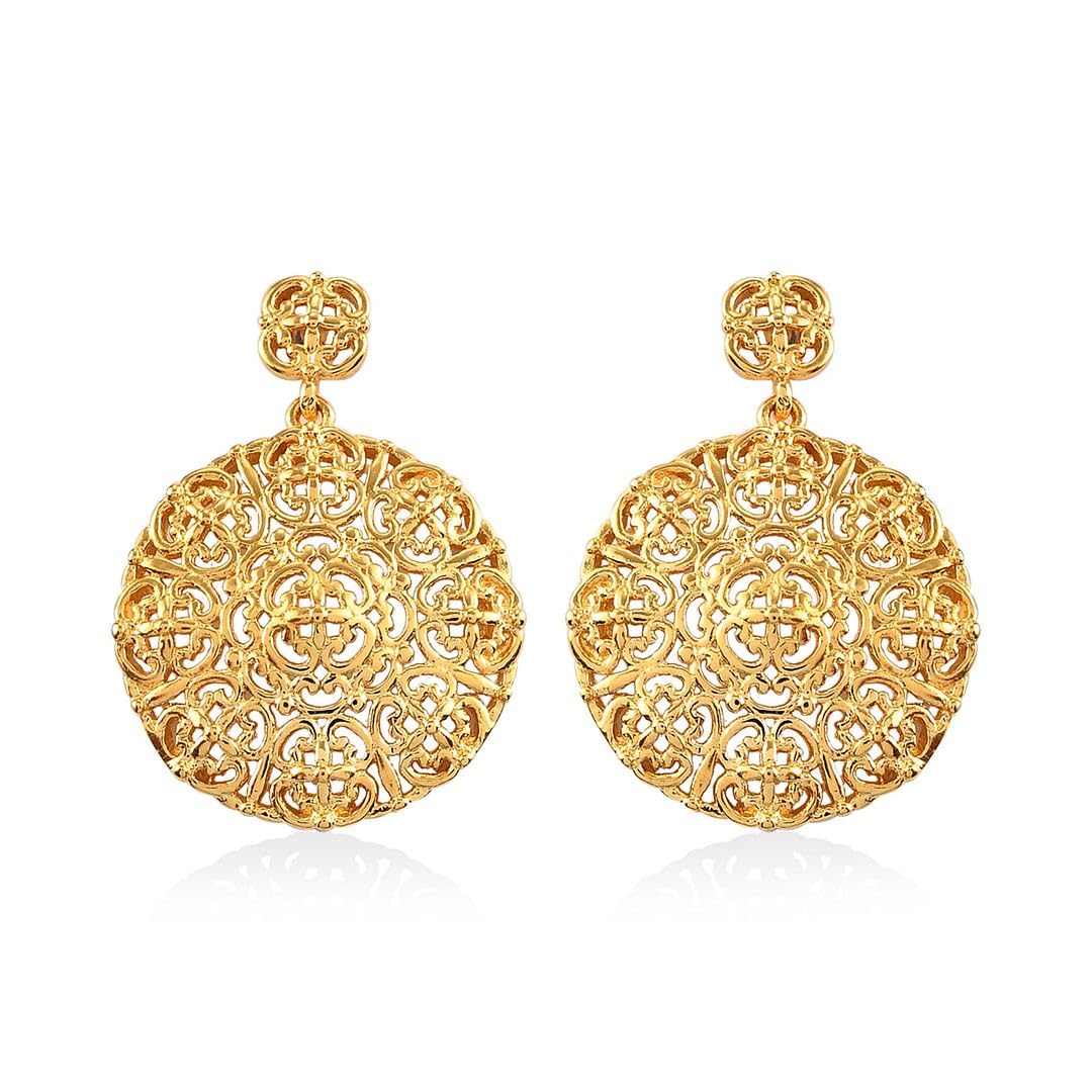 **14K Gold Plated Filigree Drop Hoop Earrings for Women - Elegant Openwork Disc Circle Boho Jewelry - Perfect for Summer, Beach, Parties & Birthday Gifts**    *(Note: Removed duplicate 