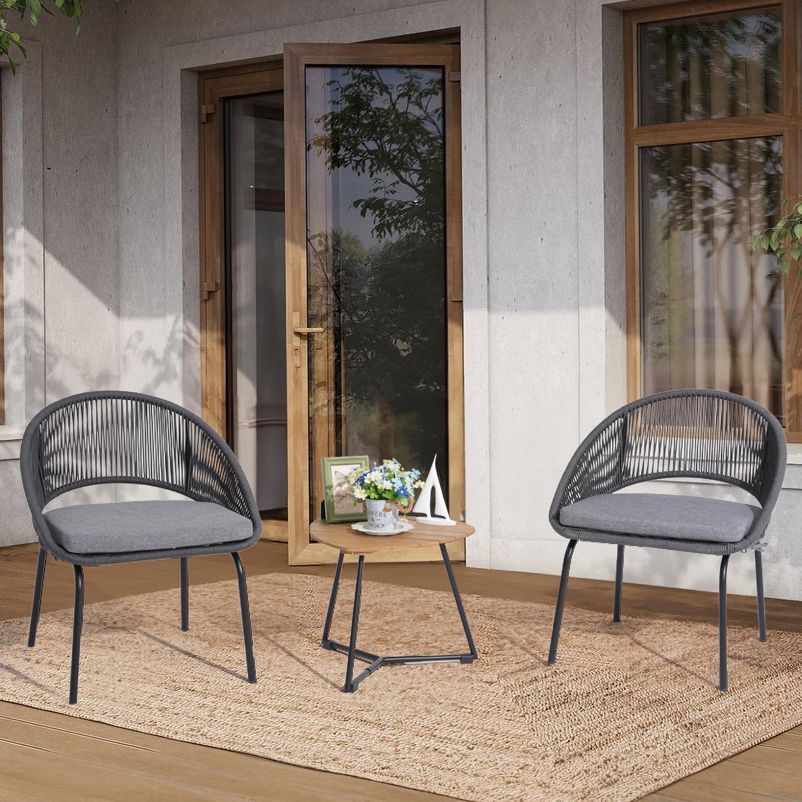 Yangming 3-Piece Outdoor Patio Furniture Set - Woven Rope Bistro Chairs with Wood Coffee Table for Garden, Backyard, Deck, Poolside & Balcony - Perfect for Relaxing, Entertaining & Outdoor Dining