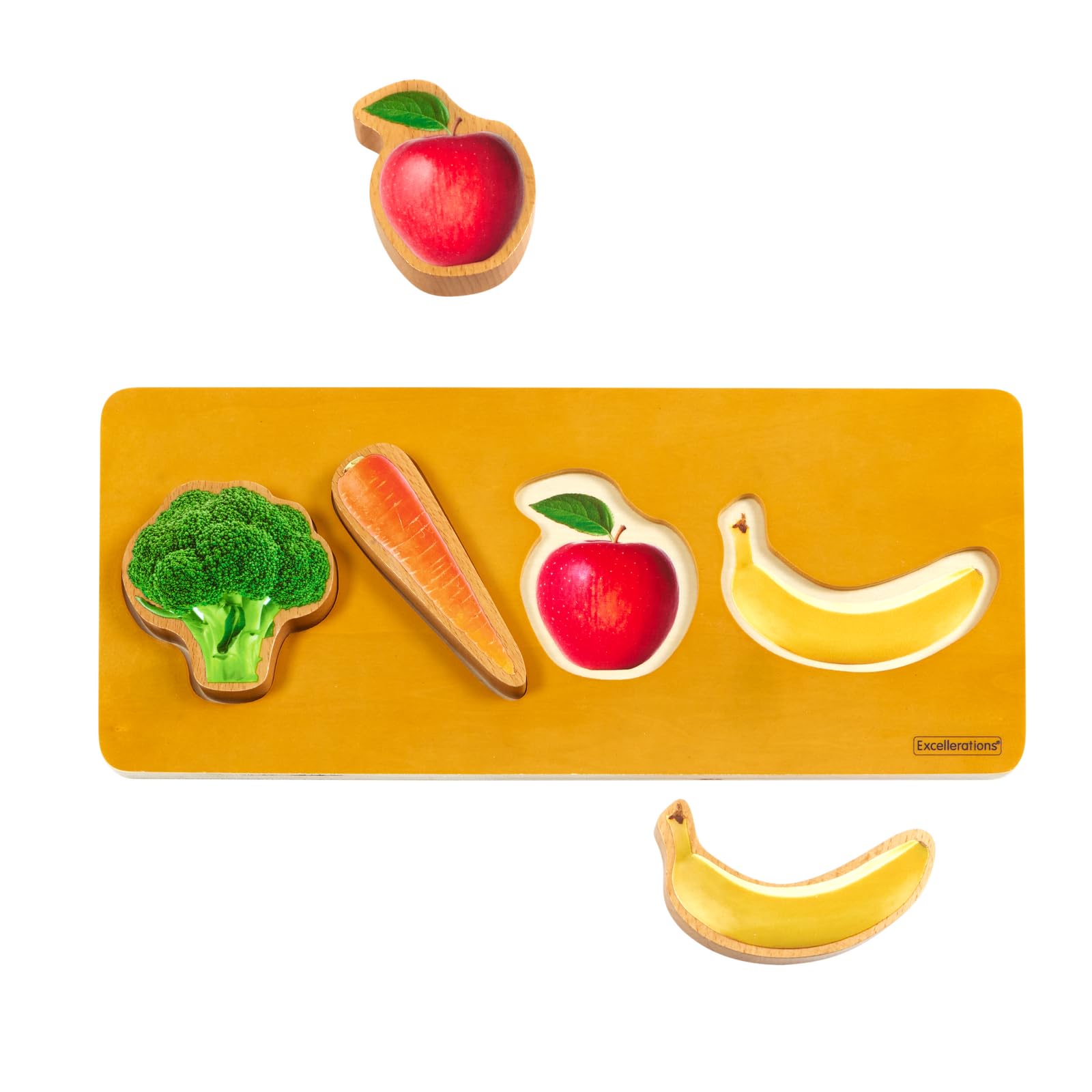 Excellerations Wooden Food Puzzle for Toddlers - 4-Piece Educational Learning Toy for Kids Ages 1-3 - Perfect for Montessori, Preschool & Early Childhood Development