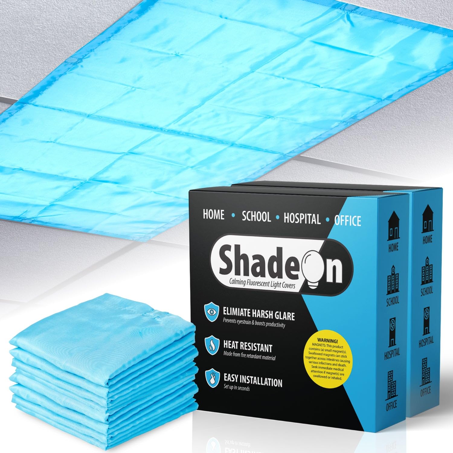 ShadeOn 2x4 ft Magnetic Fluorescent Light Covers for Ceiling Lights (8-Pack) - Tranquil Blue Light Diffuser Panels for Classrooms, Offices & Workspaces - Reduce Glare & Eye Strain