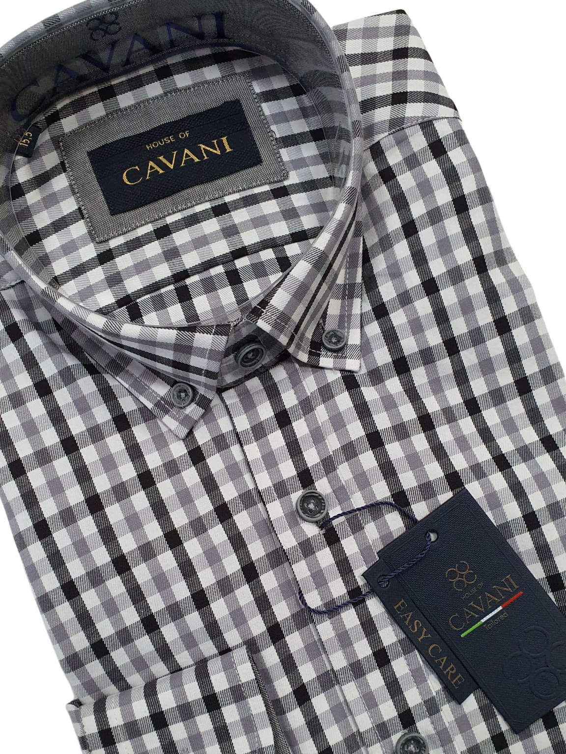 Cavani Men's Grey Gingham Button Down Collar Shirt - Slim Fit Casual Dress Shirt for Office, Business & Formal Events