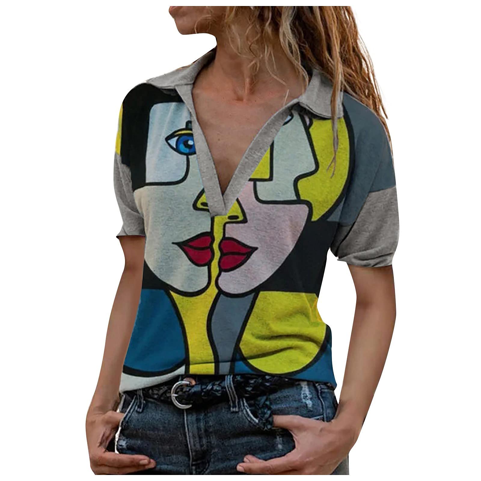Women's Casual V-Neck Collared Short Sleeve Retro Printed T-Shirt - Loose Fit Tunic Top for Summer - Plus Size Blouses for Everyday Wear & Outfits
