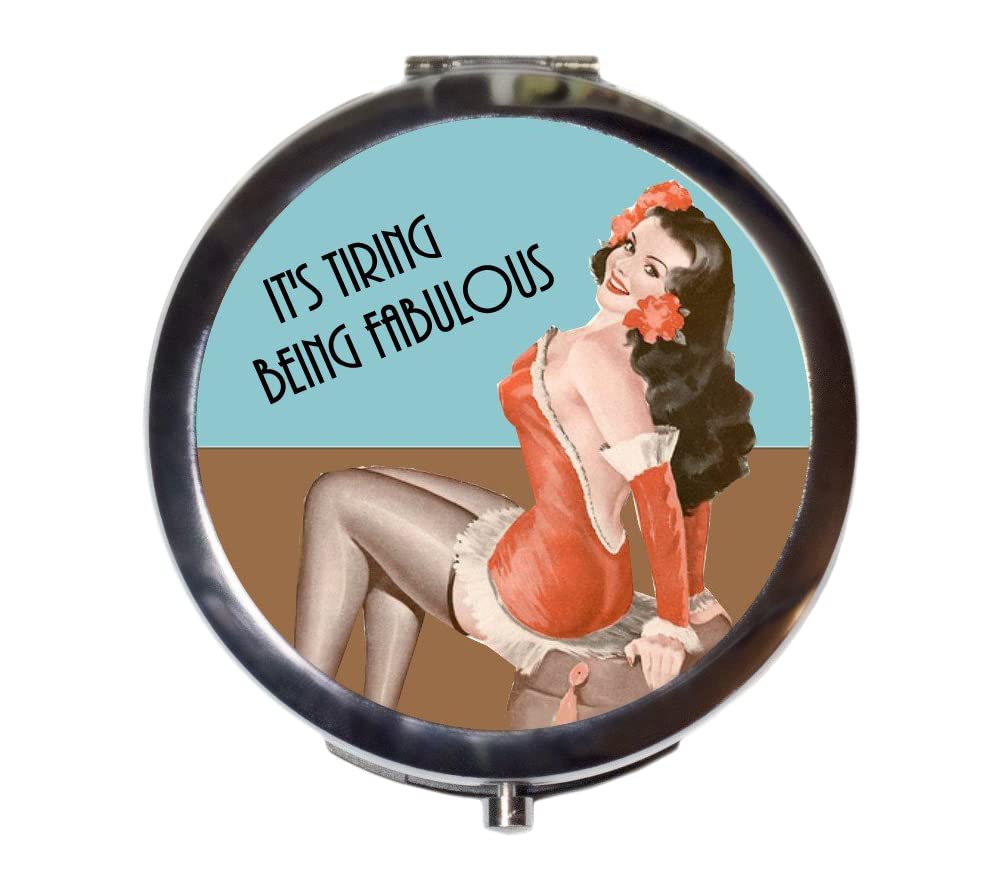 Vintage Pin Up Compact Mirror - 'It's Tiring Being Fabulous' Retro Rockabilly Makeup Mirror with Humorous Design | Perfect for Cosmetics, Purse & Travel Accessories | Great Gift for Pinup Lovers