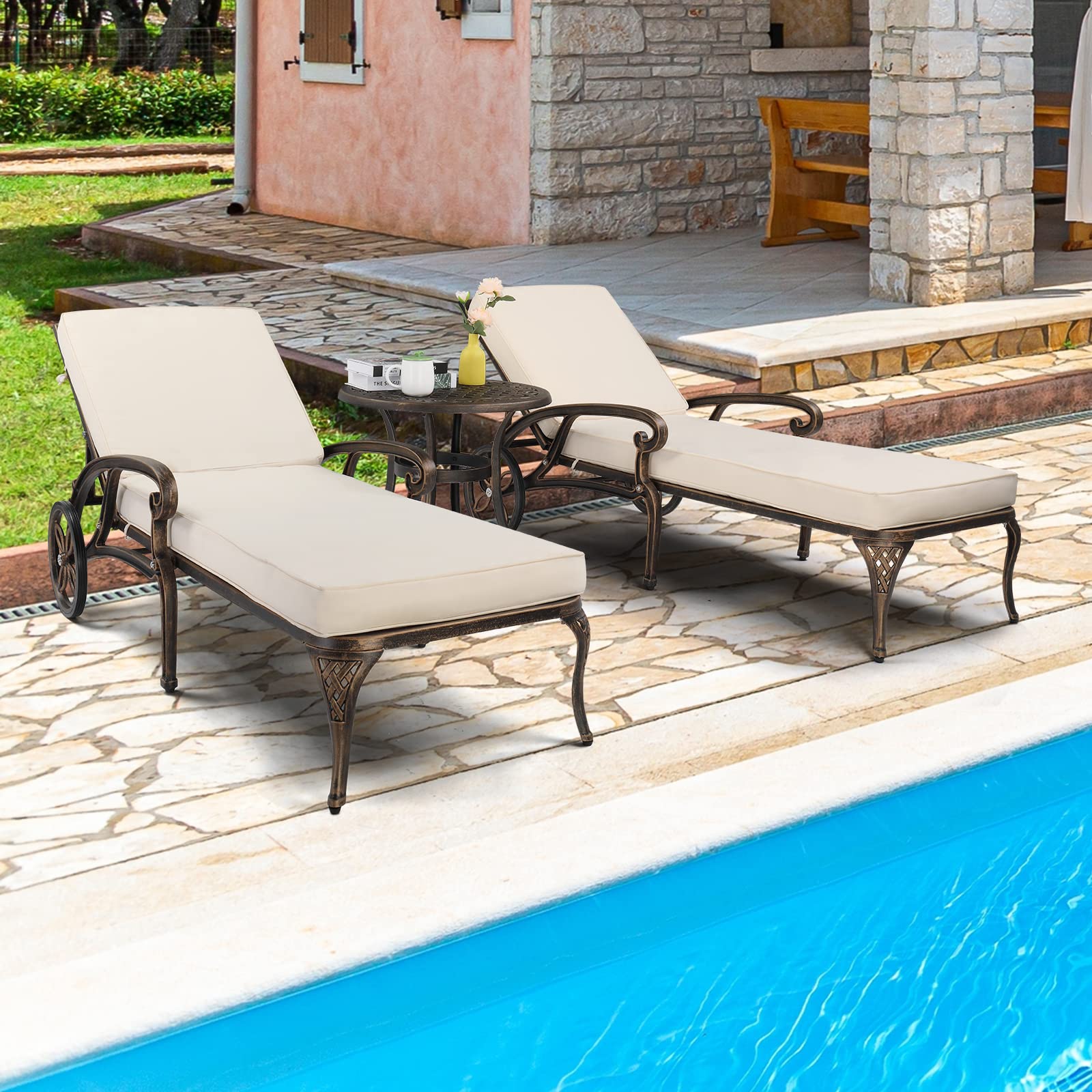 VINGLI Heavy Duty Cast Aluminum Outdoor Chaise Lounge Chair with Wheels - 3-Position Adjustable Backrest, Weather-Resistant Patio Tanning Chair with Cushion (Bronze) - Perfect for Poolside, Beach, Backyard & Patio Relaxation
