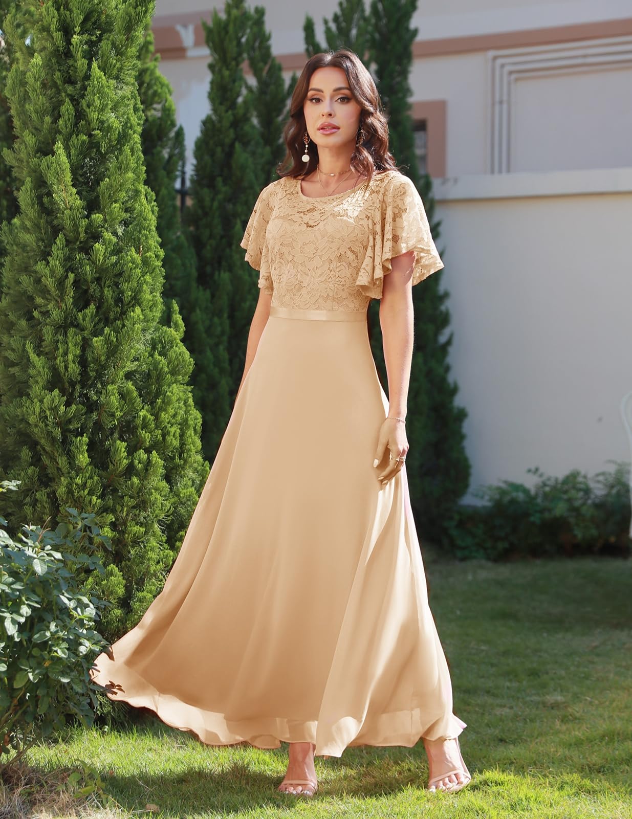 DRESSTELLS Elegant Lace Wedding Guest Dress | V-Back Empire Waist Formal Gown for Bridesmaids, Prom & Evening Parties 2025 | Perfect for Cocktail Receptions, Black Tie Events & Special Occasions