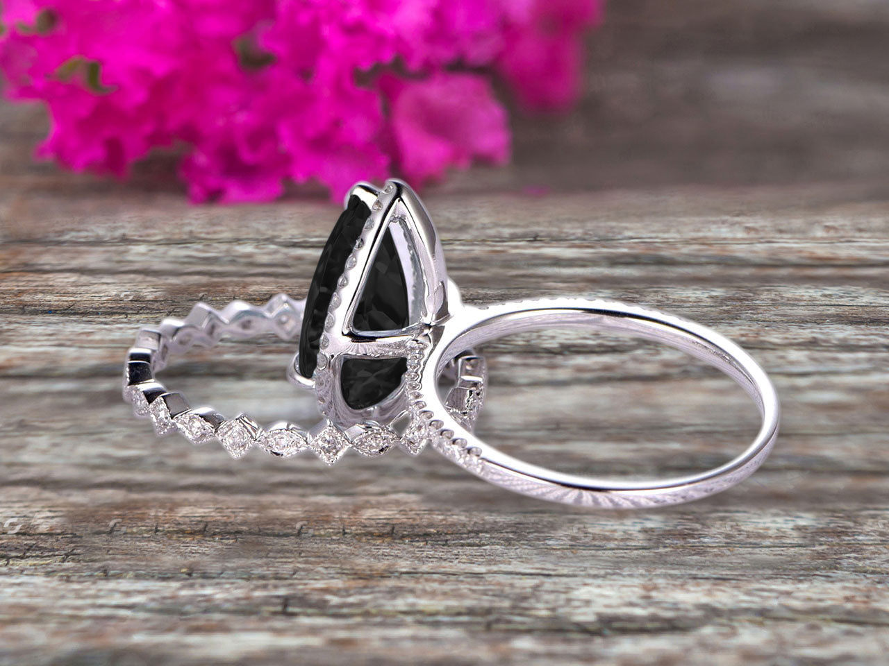 2Pcs Pear Shape 1.75 Carat Black Diamond Moissanite Wedding Ring Set - 10k White Gold Halo Engagement Rings for Women - Perfect for Proposals, Anniversaries & Bridal Jewelry