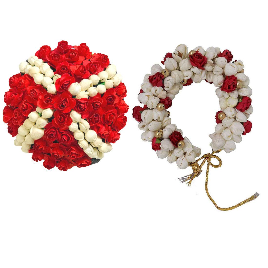 Natth Hair Bun Gajra Flower - Artificial Juda Mogra Gajra Hair Accessories for Women (Red & White, Pack of 2) - Perfect for Weddings, Parties & Traditional Indian Outfits