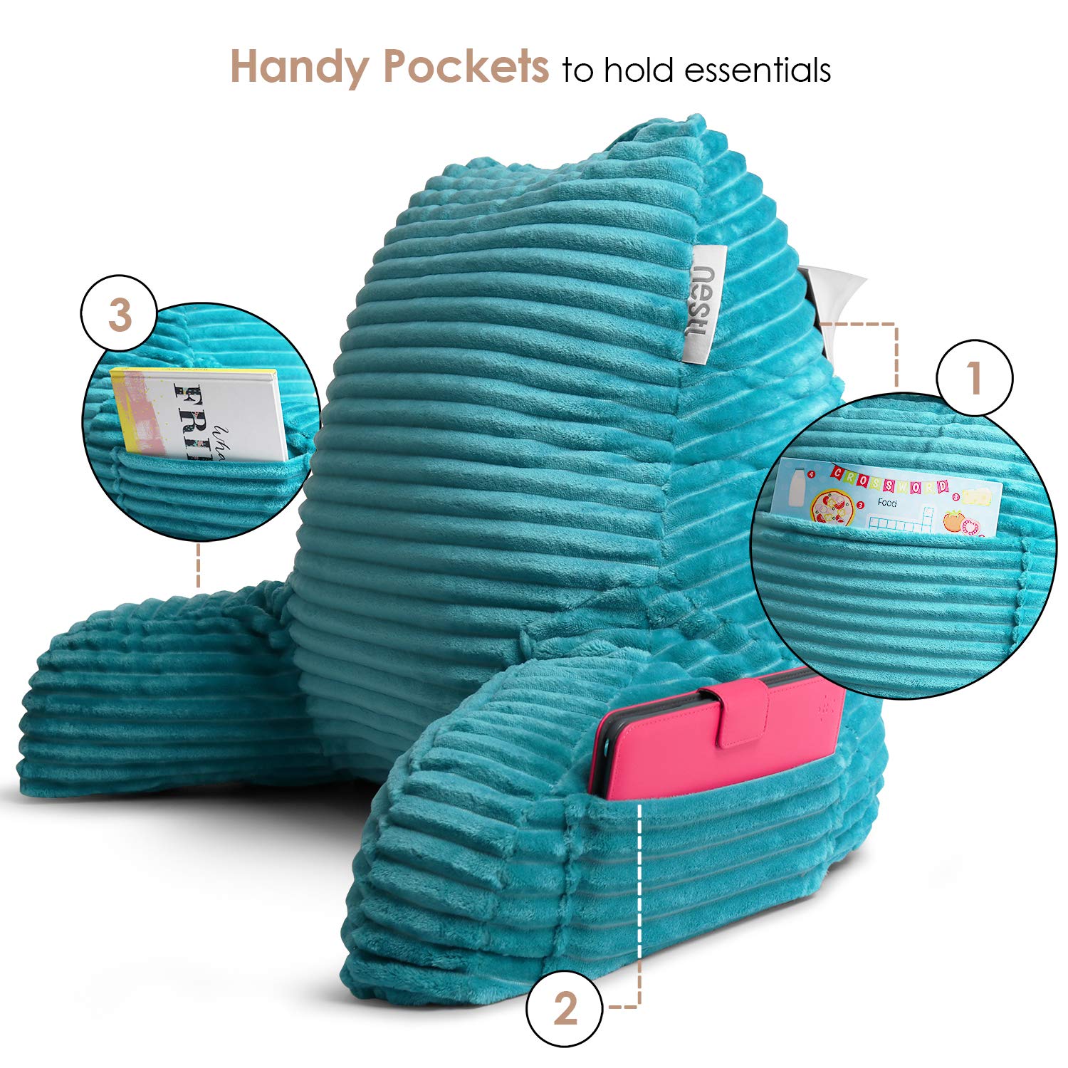 Nestl Reading Pillow for Adults - Plush Back Support Pillow with Shredded Memory Foam, Armrests & Storage Pockets - Perfect for Reading, Watching TV, or Relaxing in Bed (Teal)