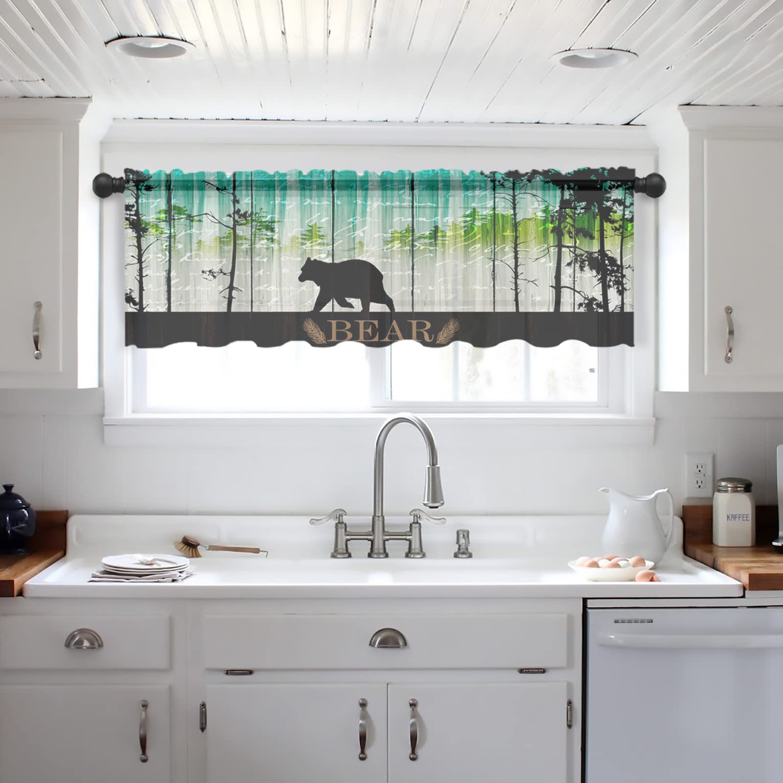 OUR DREAMS Semi-Sheer Valance Curtains - Retro Bear Forest Black Silhouette Window Treatment Panel (54 x 18 Inches, Green Teal) for Living Room, Bedroom & Nursery Decor