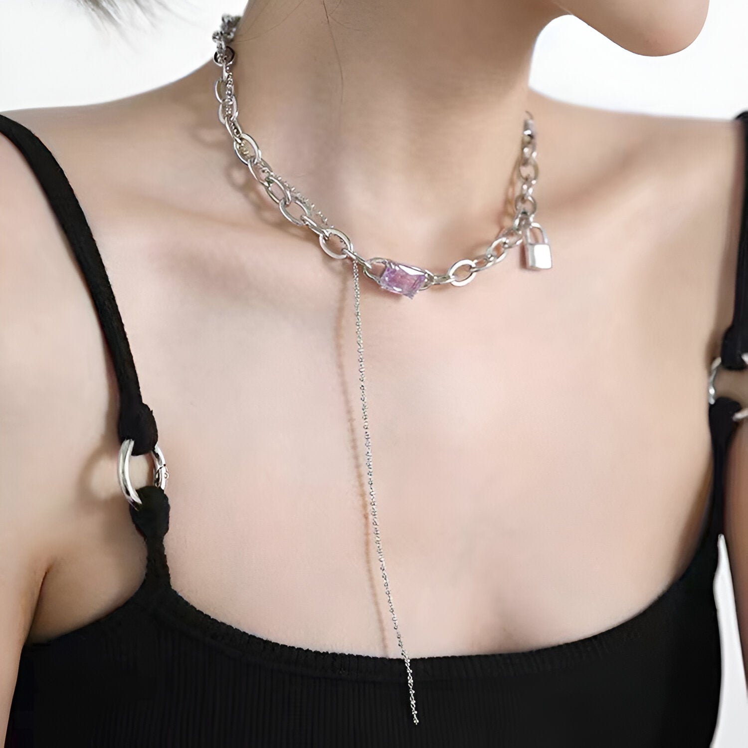 Y2K Lock Half Chain Necklace with Tassel - Trendy Vintage Jewelry for Women | Perfect for Parties, Concerts & 90s Fashion Outfits | HN2502