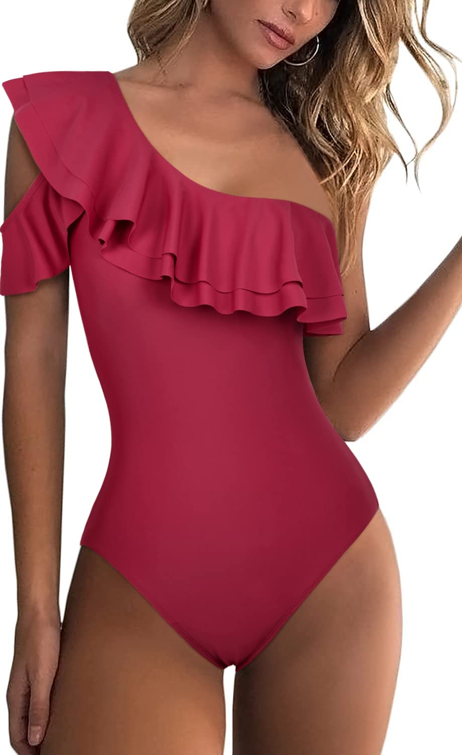 Hilor Women's One Shoulder Asymmetric One Piece Swimsuit with Ruffles - Sexy Bathing Suit for Pool, Beach & Vacation