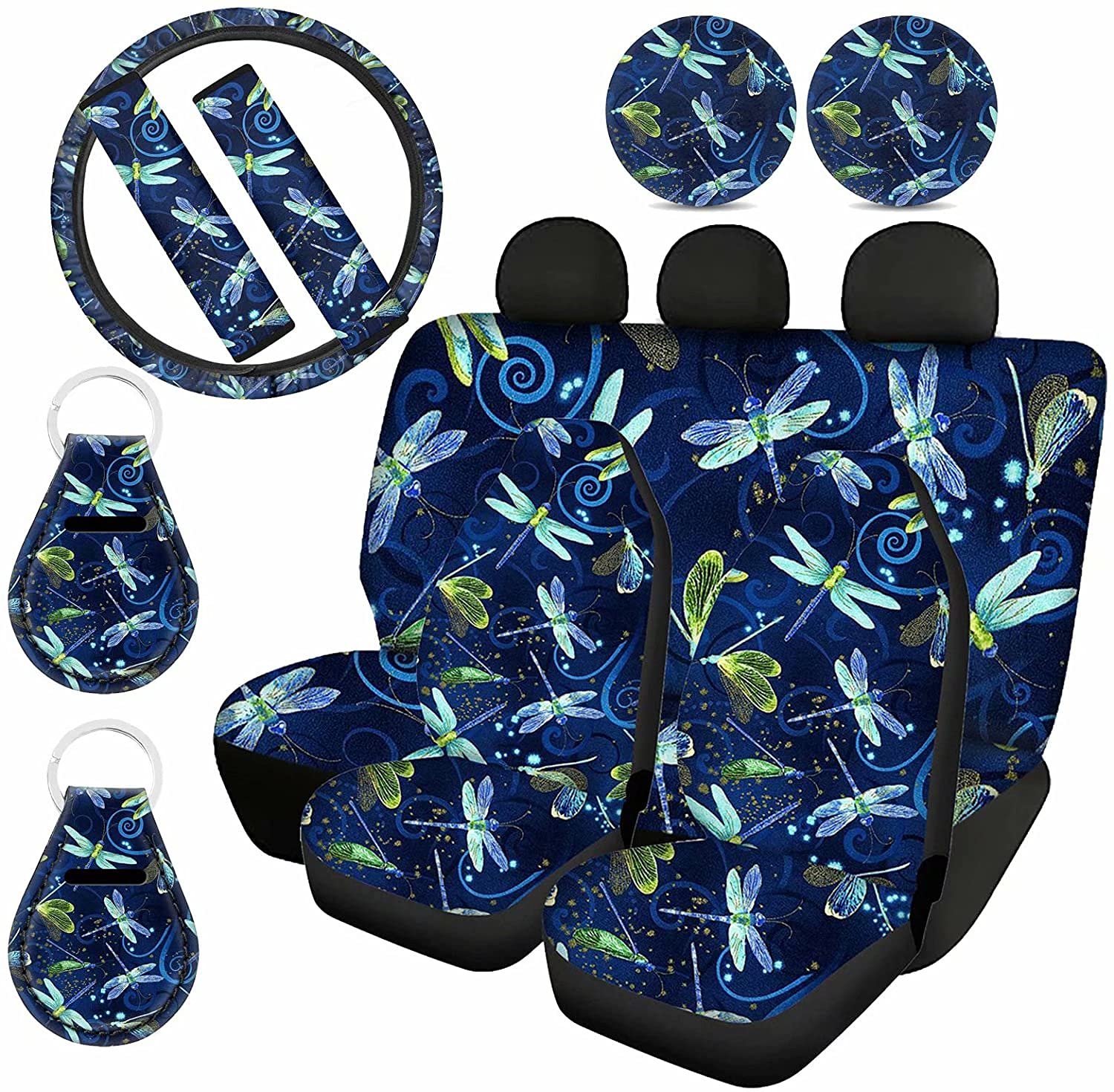 Universal Aztec Dragonfly Car Seat Cover Set - Full Bench Back Seat Cover, Steering Wheel Cover, Seat Belt Cover, Cup Holder Coasters & Keychain - Stylish Interior Accessories for Women & Girls - Perfect Gift for Car Enthusiasts & Home Decor