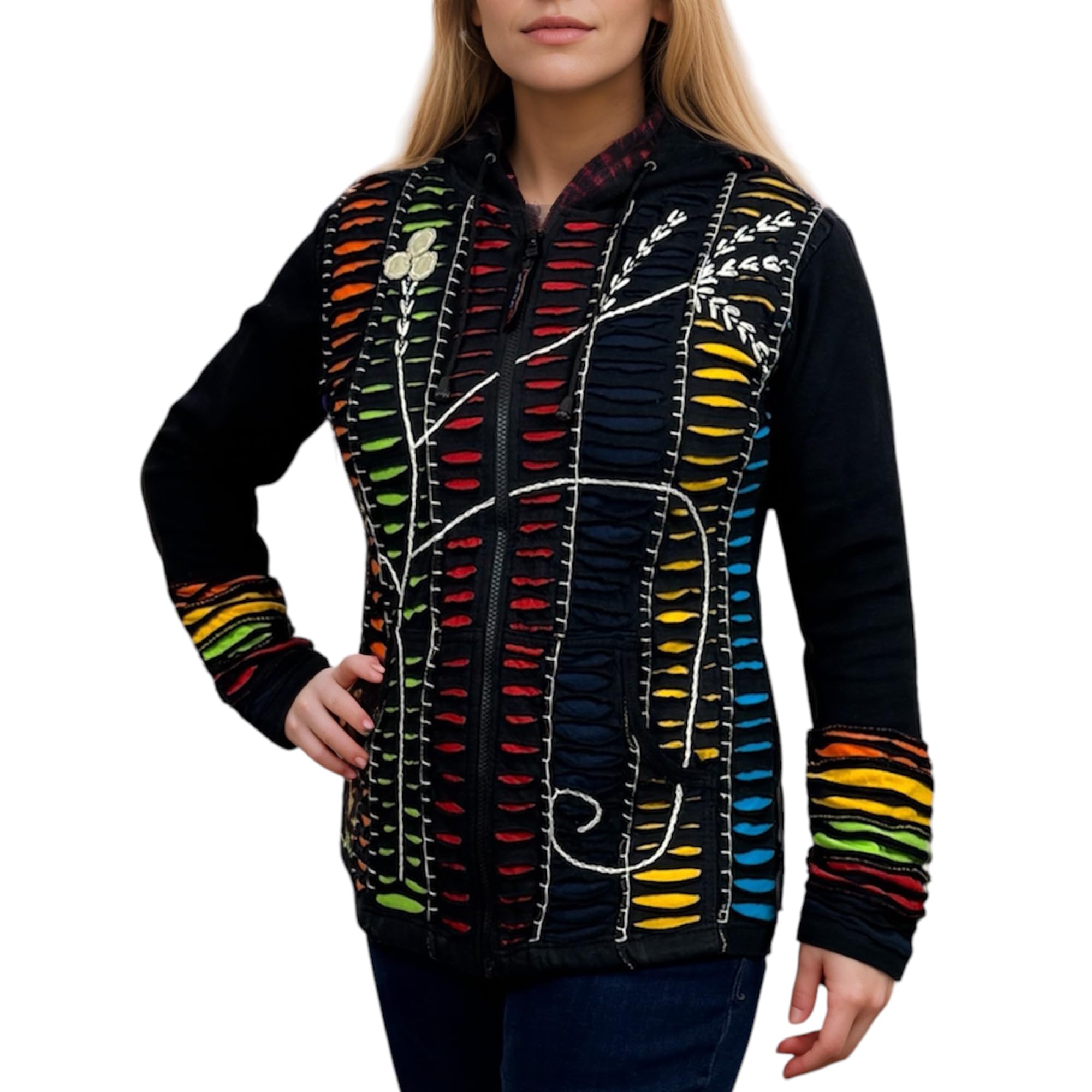 Boho Patchwork Hippie Gypsy Sweatshirt Zip Up Hoodie Jacket for Women - 2025 Spring Fashion Trend - Perfect for Music Festivals & Casual Streetwear