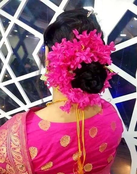 Pink Hair Gajra Flowers for Wedding, Bridal Hair Accessories, Long Floral Hair Jewelry (Pack of 1) - Perfect for Indian Weddings, Bridal Mehendi, and Cultural Festivals