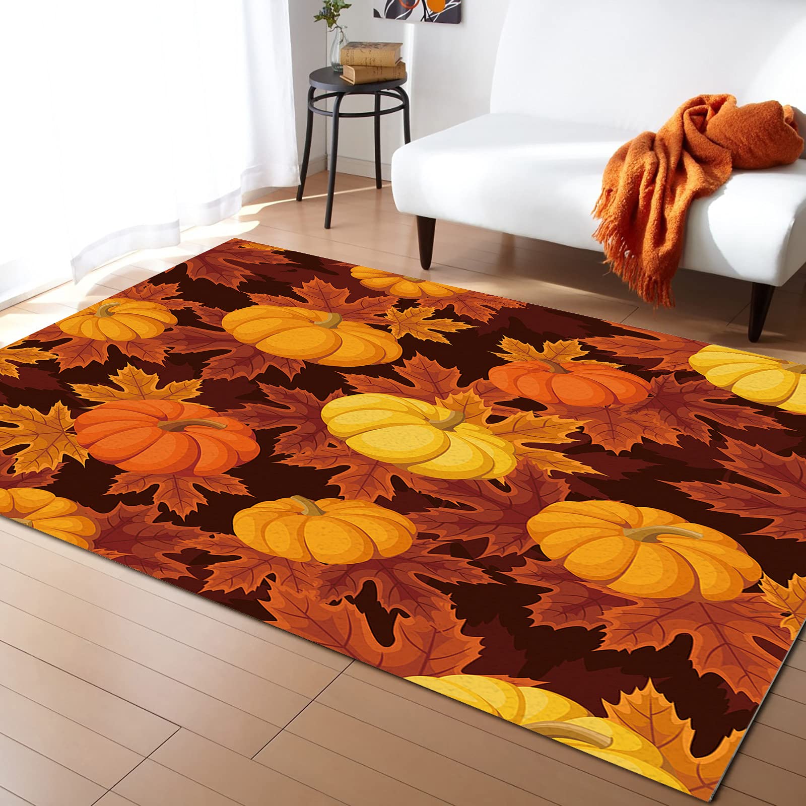 Thanksgiving Rectangular Area Rug 2'7'' x 5' - Large Indoor Outdoor Carpet for Living Room, Dining Room, Bedroom, Patio & Deck - Fall Decor with Pumpkin and Maple Leaf Design - Perfect for Holiday Gatherings & Seasonal Home Decor
