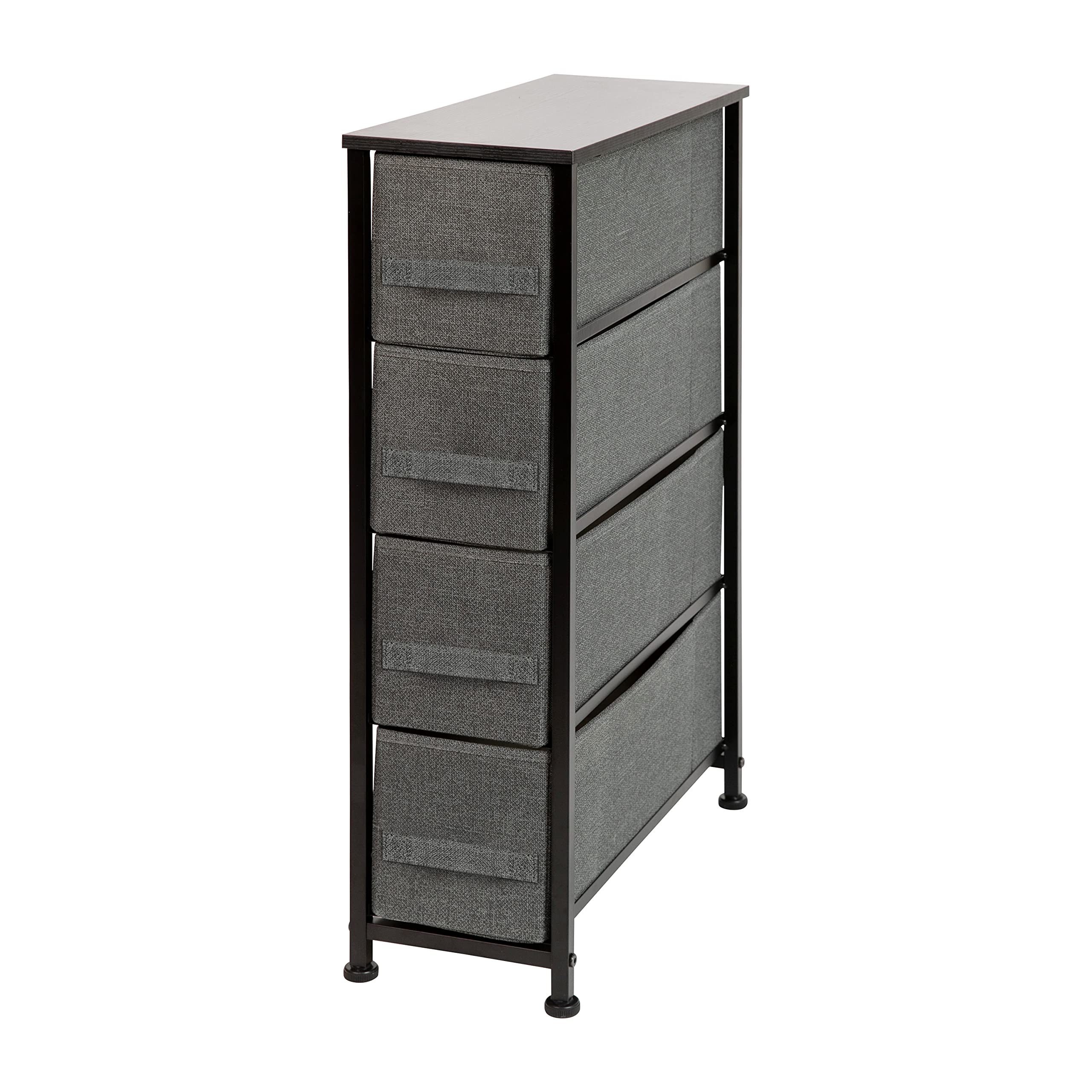 Emma & Oliver 4-Drawer Slim Dresser Storage Tower - Black Wood Top & Gray Fabric Drawers for Bedroom, Closet, or Nursery Organization