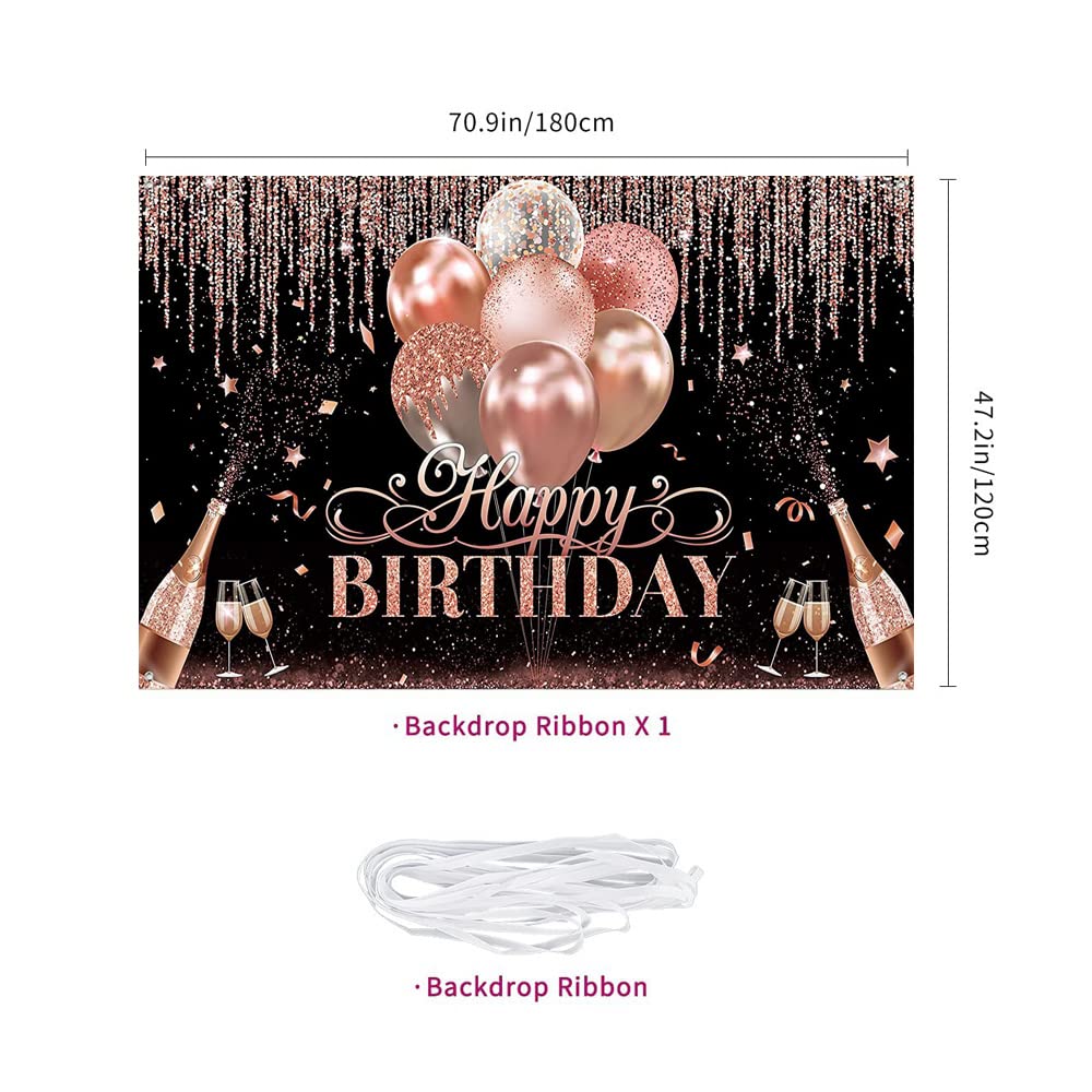 Rose Gold Happy Birthday Backdrop with Glitter Balloons - Elegant Party Decor for Women, Girls, Baby Showers & Photography Background - Perfect for Birthday Celebrations, Gender Reveals & Special Events