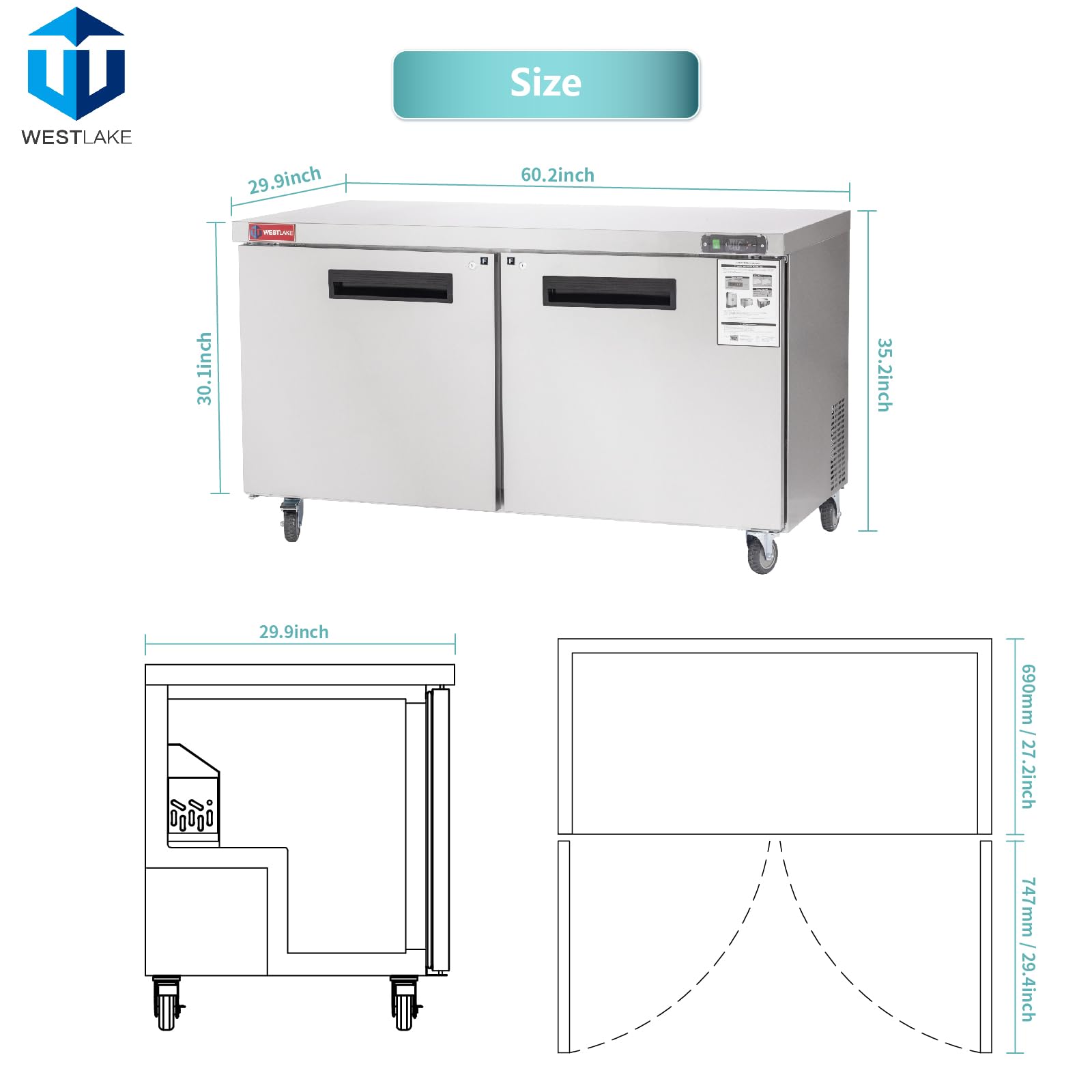 WESTLAKE 60-Inch Commercial Undercounter Freezer - 14.8 Cu.Ft Stainless Steel Worktop Freezer with Fan Cooling System | Perfect for Restaurants, Bars, and Food Prep Stations | Ideal for Commercial Kitchens, Catering Services, and High-Volume Food Storage